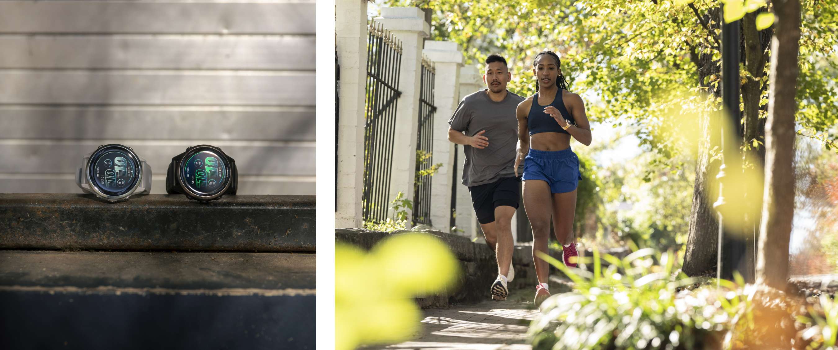 Twee beelden: Twee sporthorloges naast elkaar op trede; hardlopers in sportkleding op een groen, stedelijk parcours.