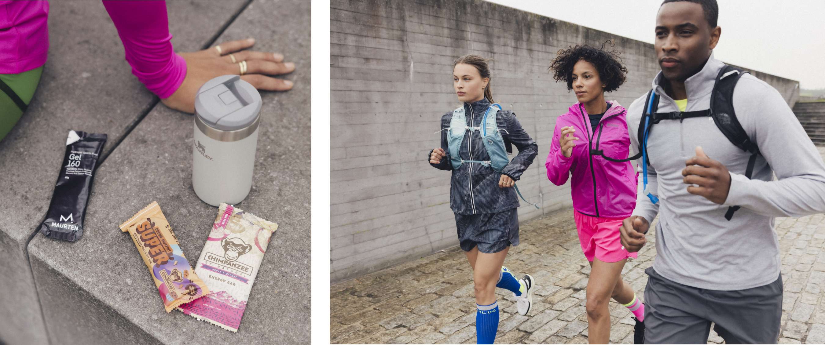 Twee beelden: sportvoeding naast drinkbeker; drie hardlopers met drinkrugzakken op een straat