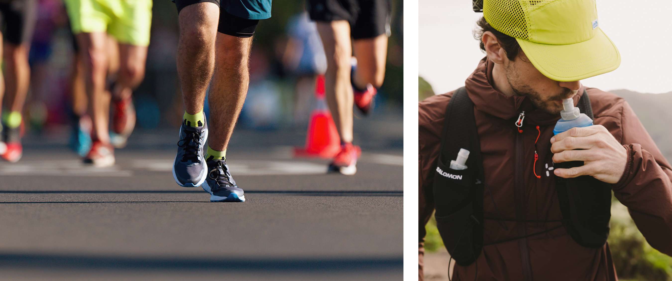 Twee beelden: close-up van hardlopers op de weg; hardloper drinkt uit een zachte drinkfles