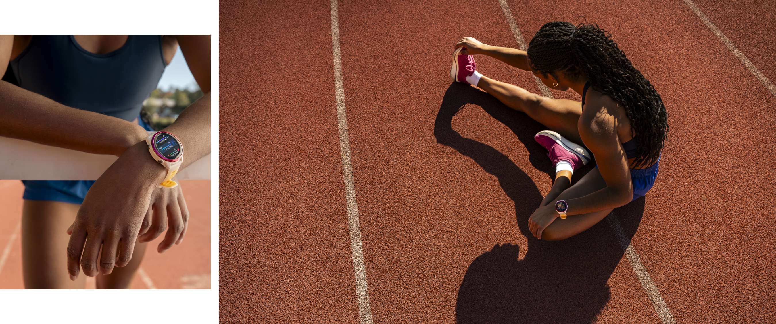 Twee beelden: sporthorloge om de pols op een atletiekbaan; sporter rekt been op de baan.