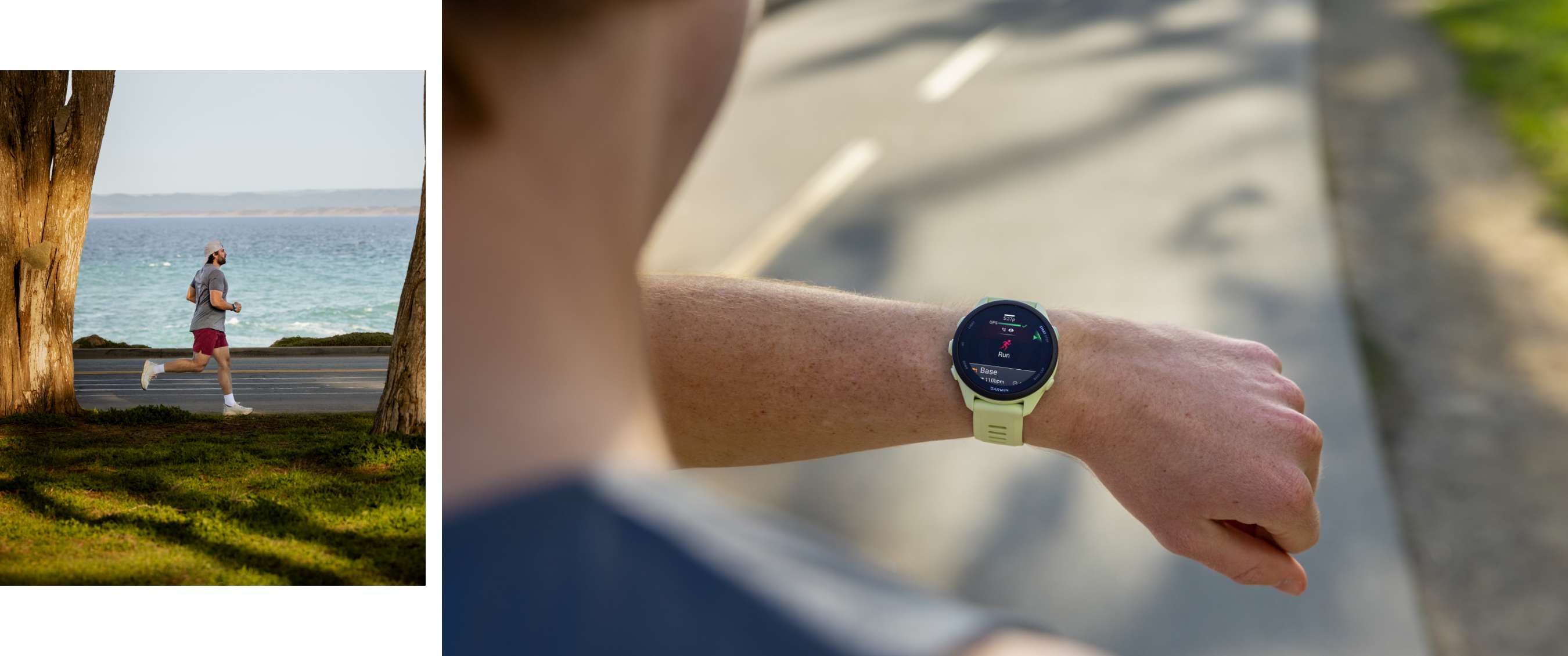Twee beelden: hardloper op weg bij de kust en Garmin-smartwatch met hardloopmodus Run.