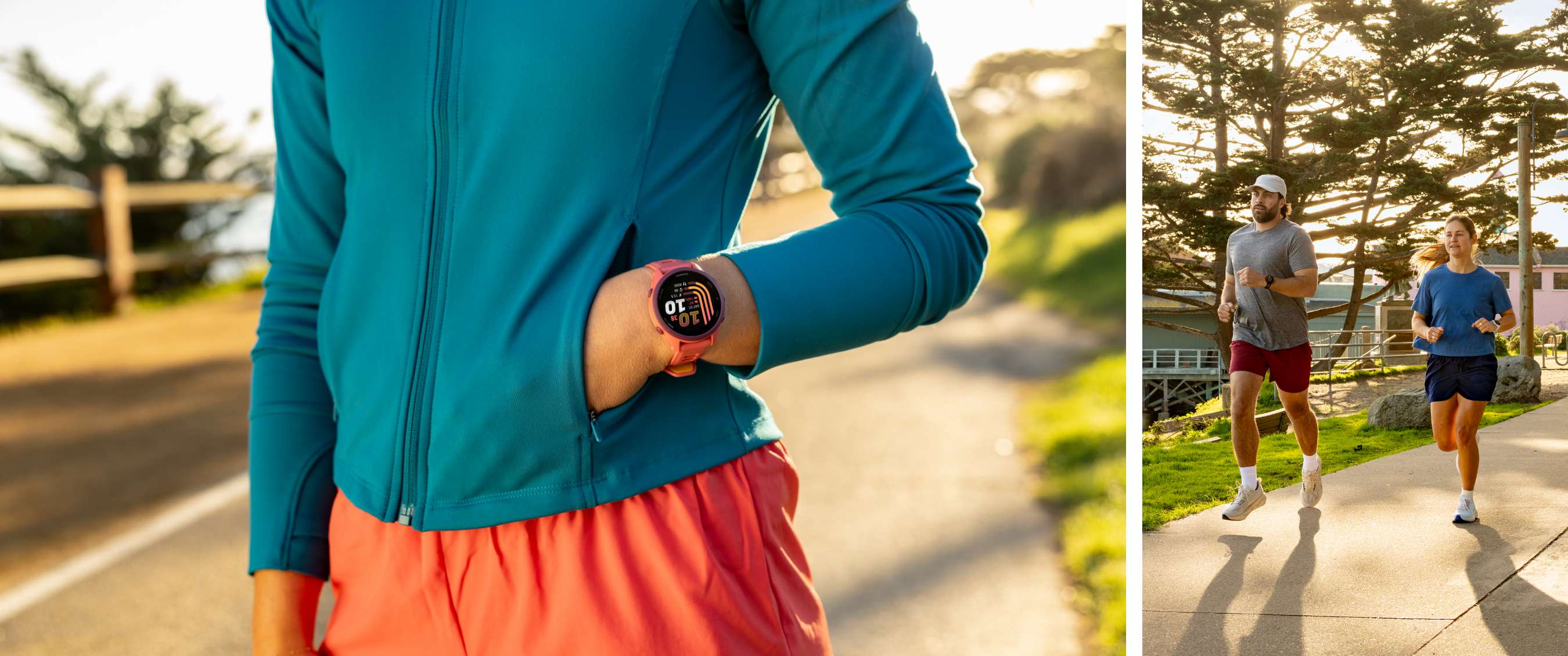 Twee beelden: close-up van een sporthorloge en twee personen die buiten hardlopen.