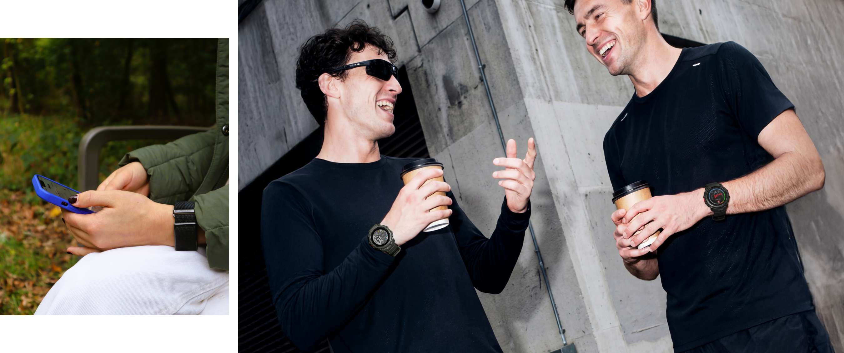 Twee beelden: persoon gebruikt een smartphone met sporthorloge en twee sporters praten met koffie.