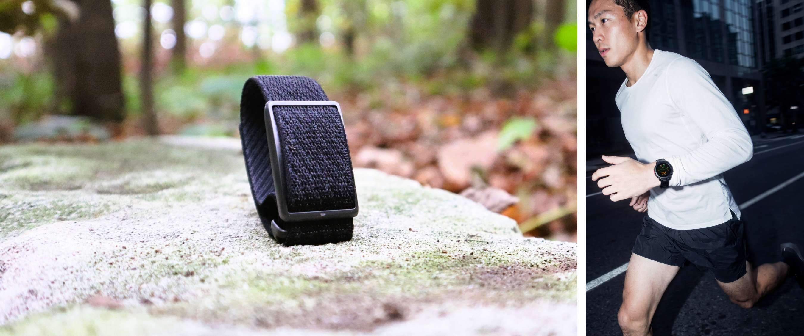 Twee beelden: sporthorloge met textielen band in het bos en een hardloper die het horloge draagt.