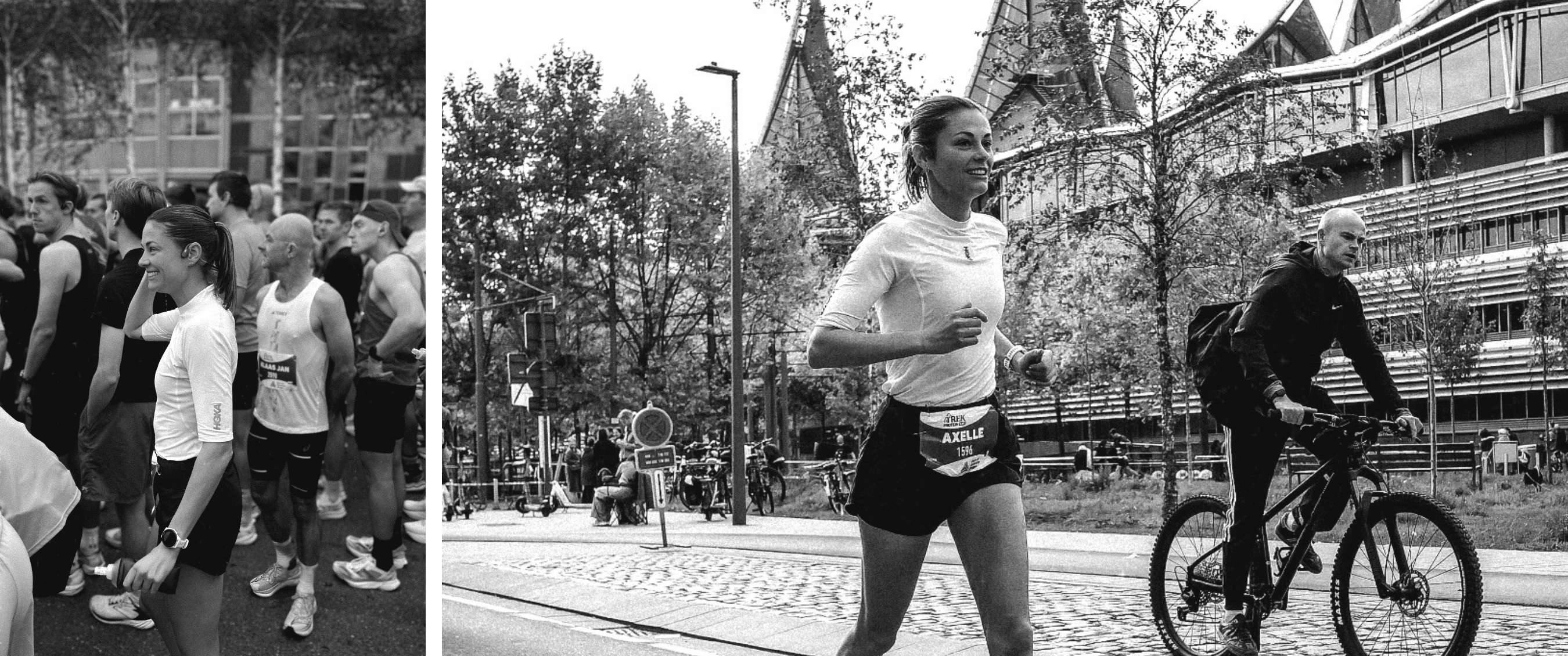 Twee beelden: groep hardlopers voor de race en Axelle tijdens een run in de stad.