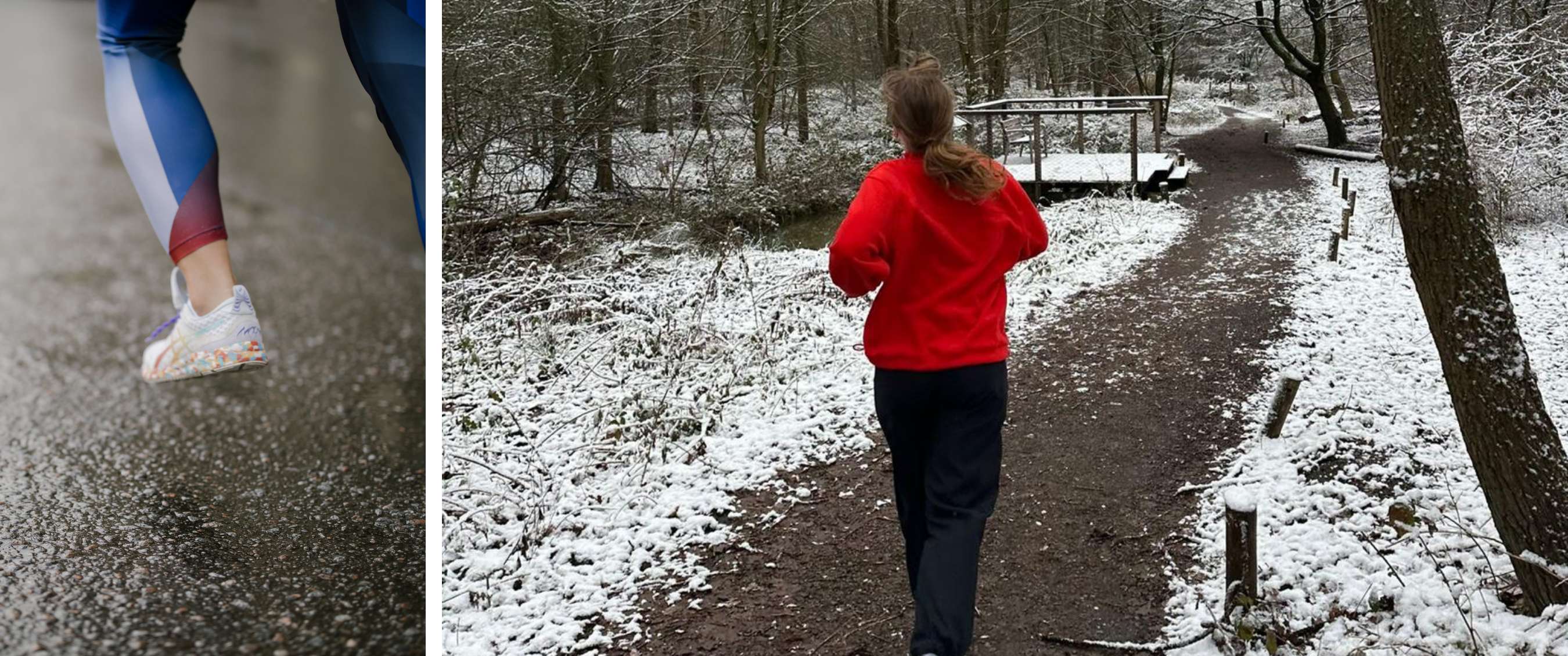 Twee beelden: hardloopschoen en kleurrijke tight in actie; hardloopster in rood op een besneeuwd bospad.