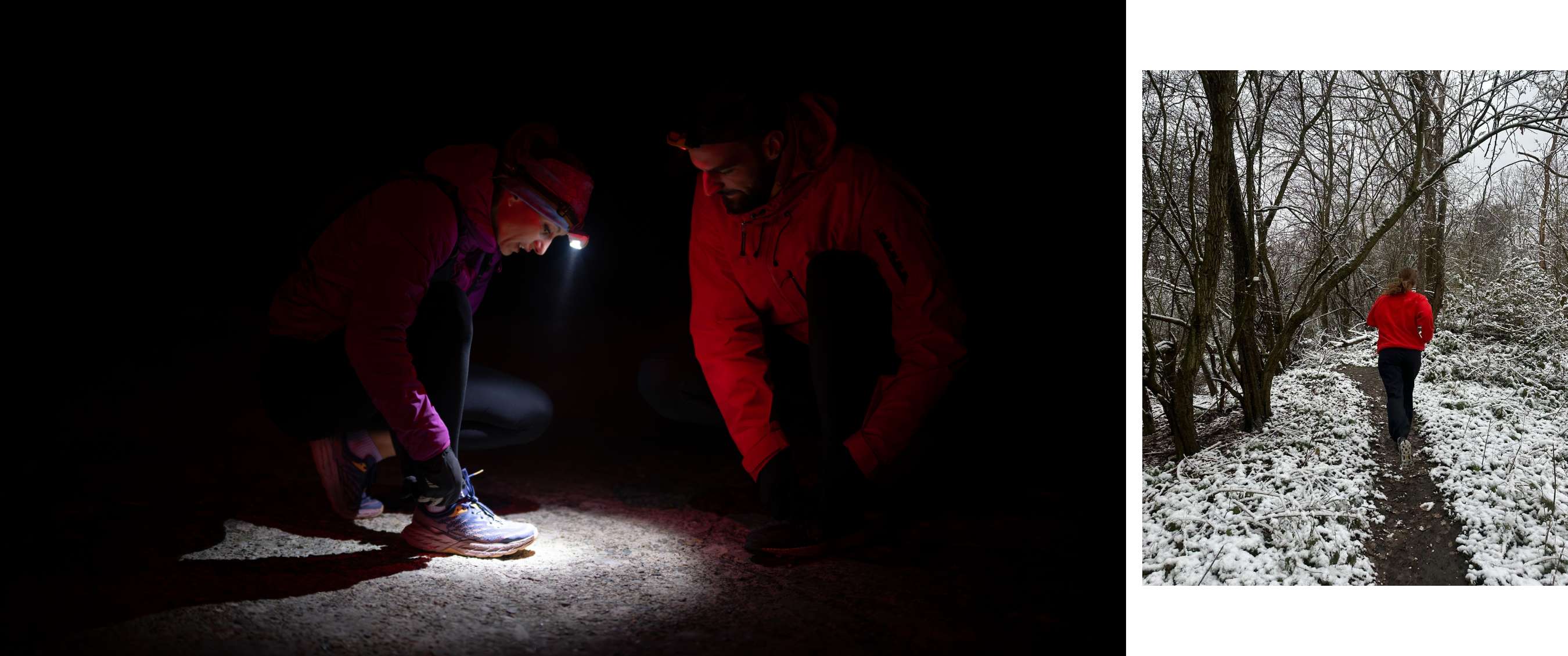 Twee beelden: twee hardlopers met hoofdlampen strikken hun veters; een hardloopster in rood in een besneeuwd bos.