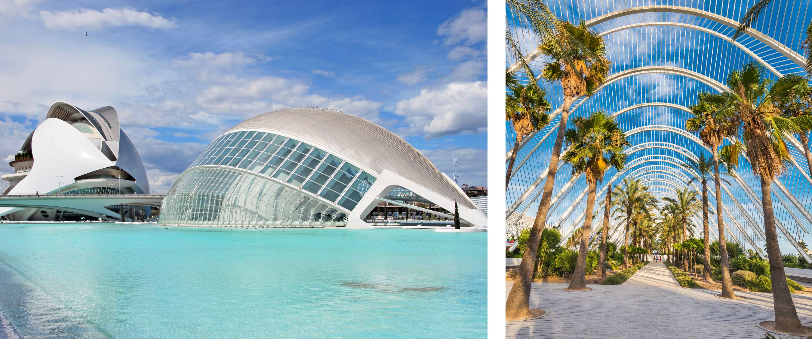 Twee beelden: futuristische witte gebouwen aan een turquoise waterpartij; overdekt wandelpad met palmbomen en gebogen metalen structuur.