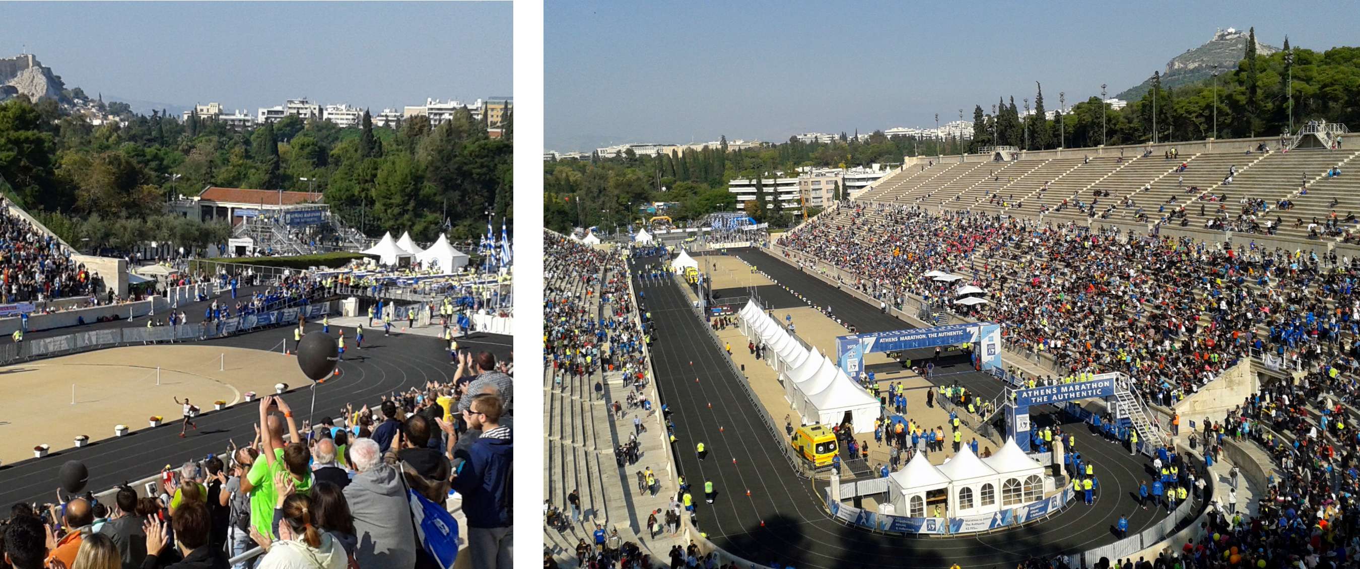 Twee beelden: finishmoment van een marathon in een stadion met publiek; brede blik op de finishzone en tribunes van de Athens Marathon The Authentic
