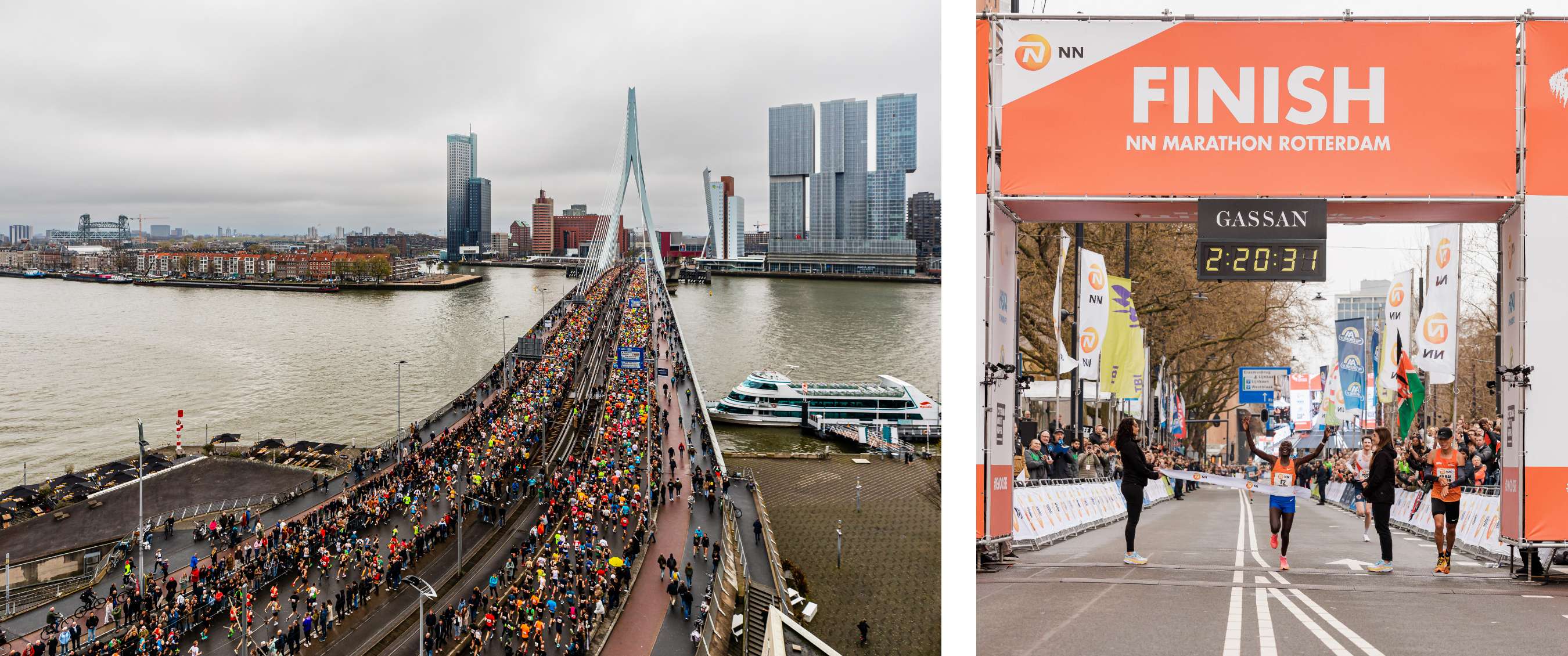 Twee beelden: massa marathonlopers op de Erasmusbrug in Rotterdam met skyline op de achtergrond; finishboog met tekst “FINISH NN Marathon Rotterdam” en lopers op de eindstreep