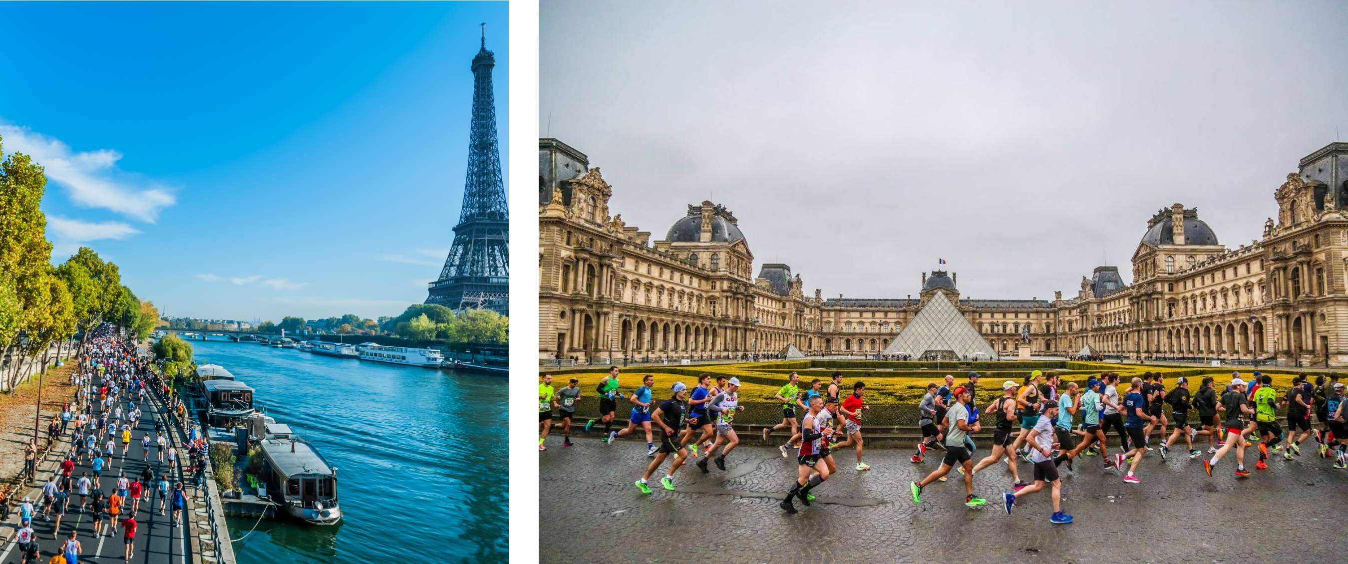 Twee beelden: marathonparcours langs de Seine met de Eiffeltoren zichtbaar; lopers rennen langs het Louvre en de glazen piramide in Parijs