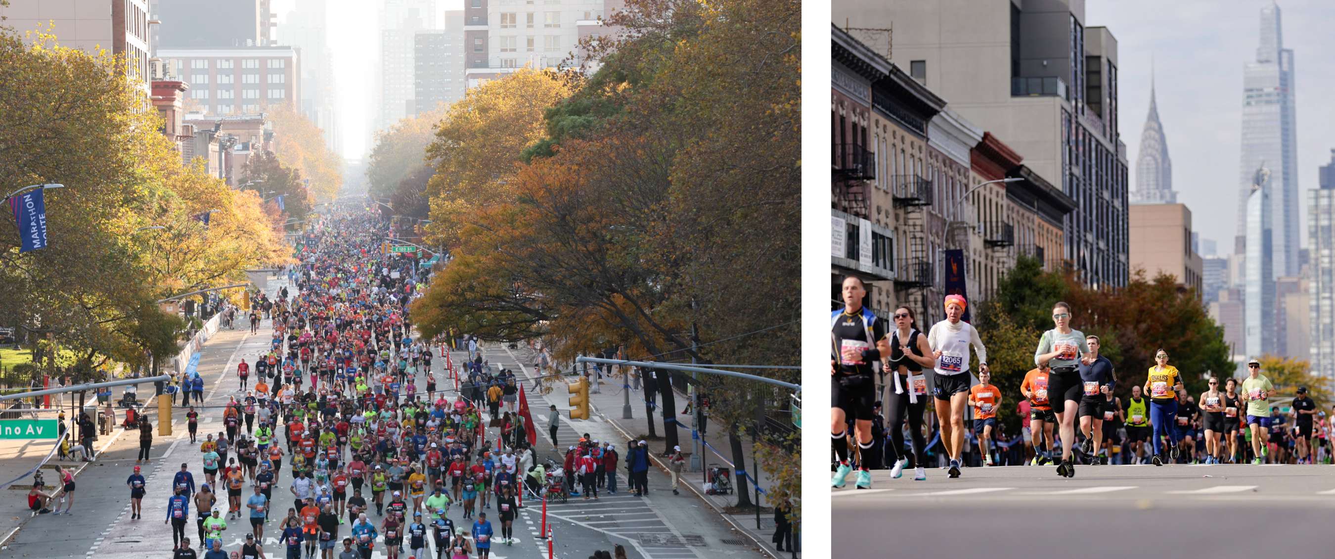 Twee beelden: grote groep marathonlopers op een brede laan met herfstbomen en stadsgebouwen; lopers rennen door een stad met hoge gebouwen op de achtergrond