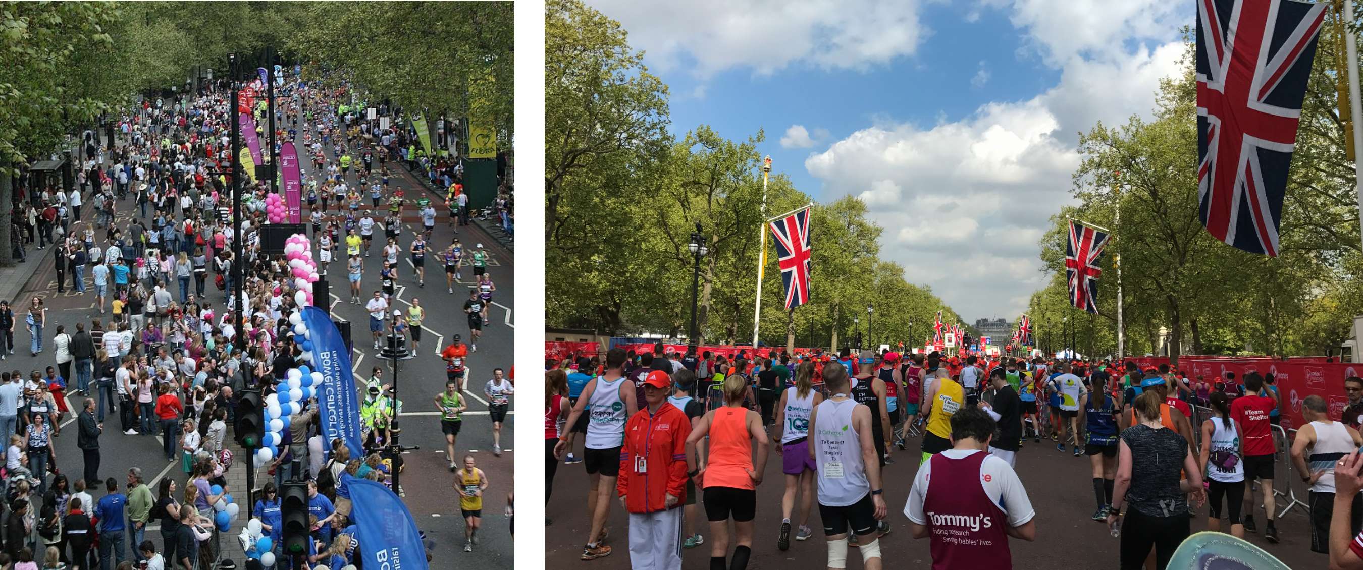 Twee beelden: stadsmarathon in Londen met veel deelnemers en publiek langs de weg; lopers wandelen en rennen richting de finish op The Mall