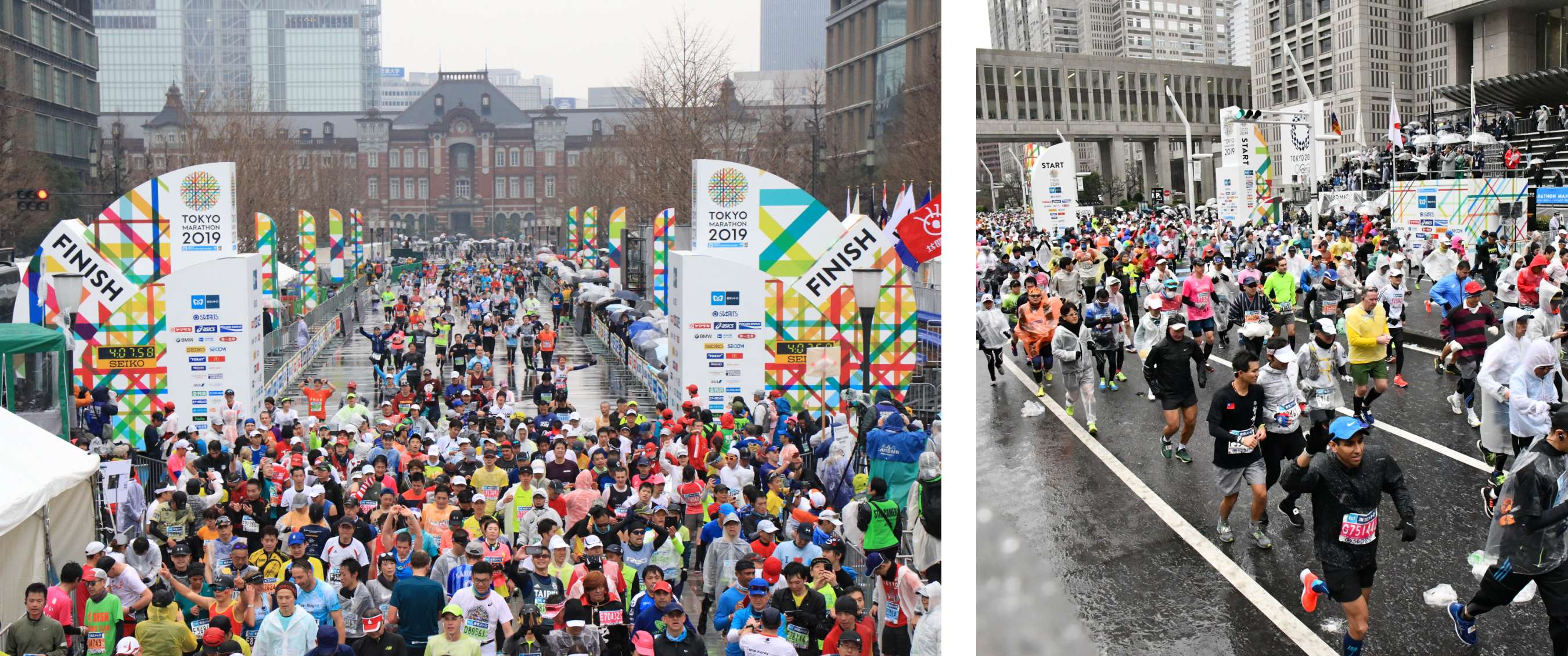 Twee beelden: marathonlopers passeren de finishboog van de Tokyo Marathon 2019; startmoment van een stadsmarathon in Tokio met massale opkomst