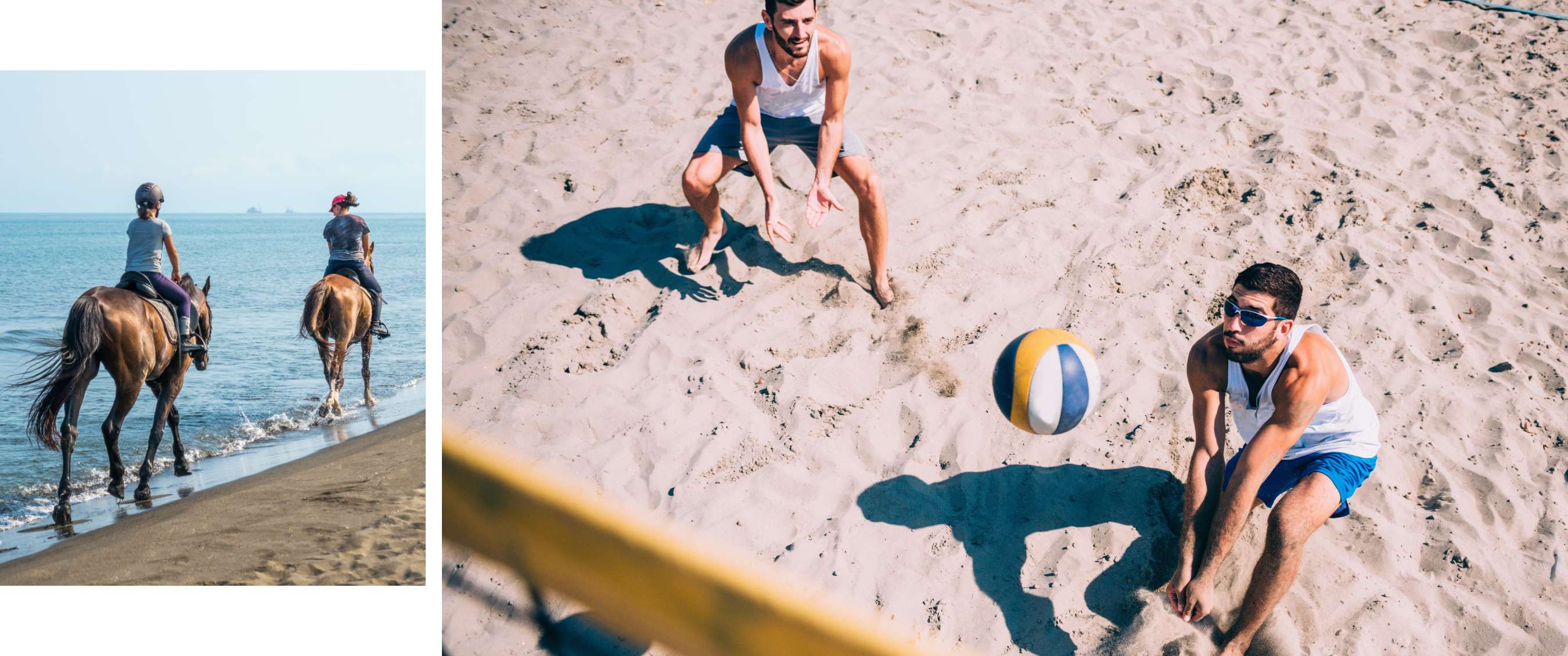 Twee beelden: twee ruiters langs de zee; twee personen spelen beachvolleybal op het zand.