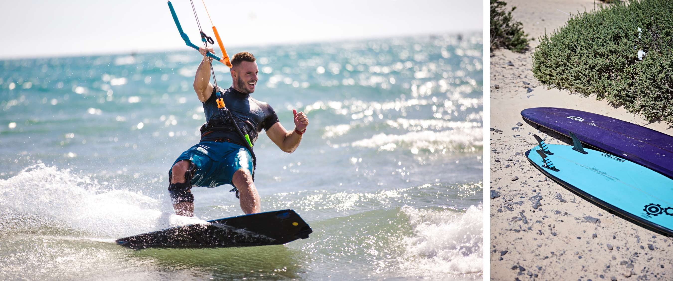 Twee beelden: een kitesurfer glijdt over golven; twee surfplanken liggen op het zand.