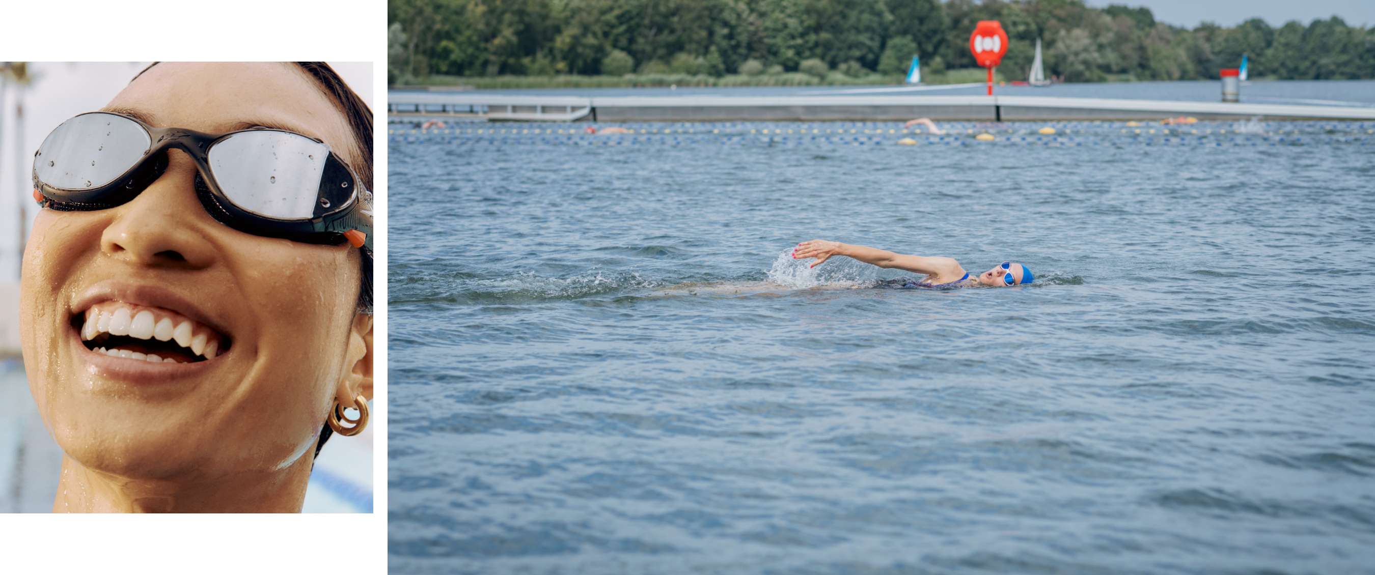 Twee beelden: persoon draagt zwembril met waterdruppels en zwemmer beweegt door open water.