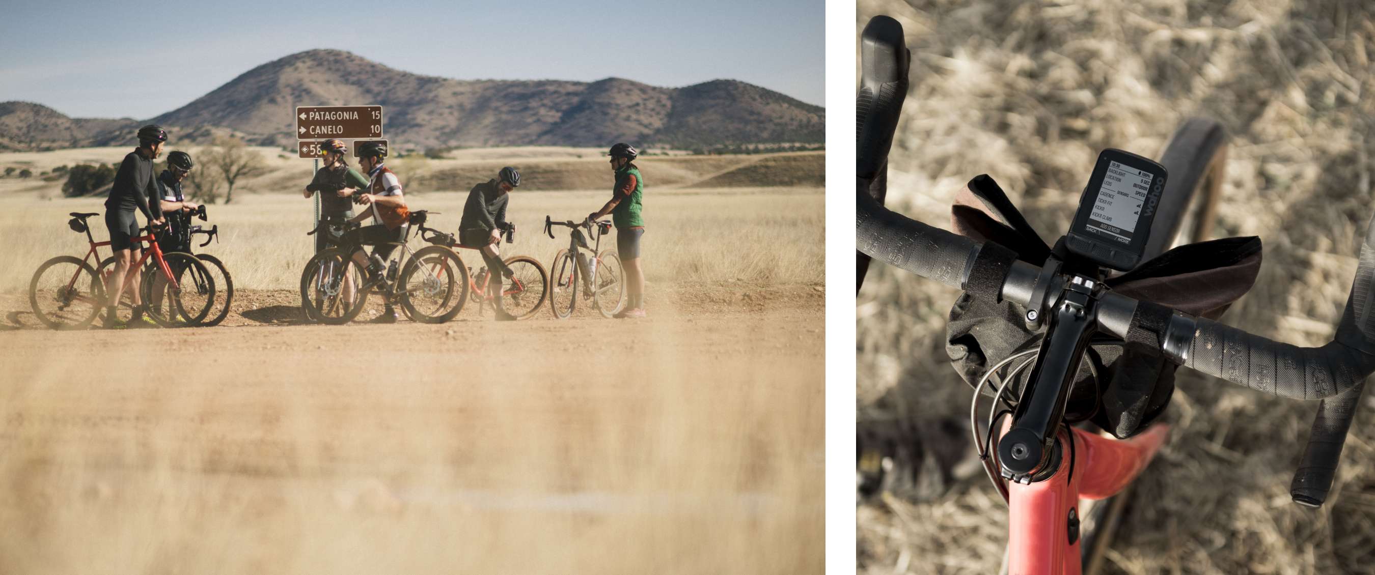 Twee beelden: groep fietsers met gravelbikes stopt bij een wegwijzer in een droog landschap; close-up van een fietsstuur met gps-toestel.