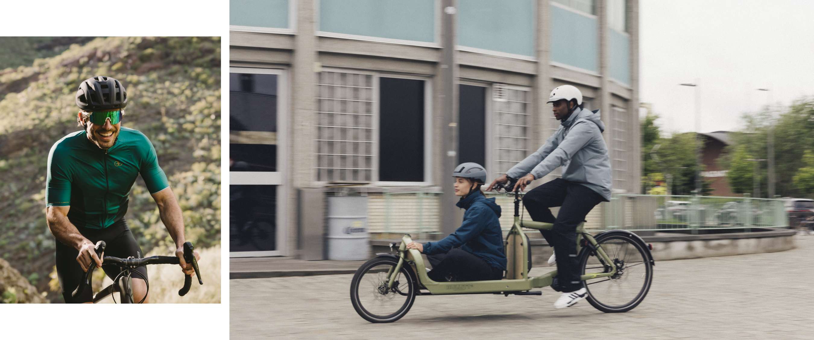 Twee beelden: man fietst op een racefiets in een groen wielertenue; twee personen rijden op een bakfiets in de stad met helmen