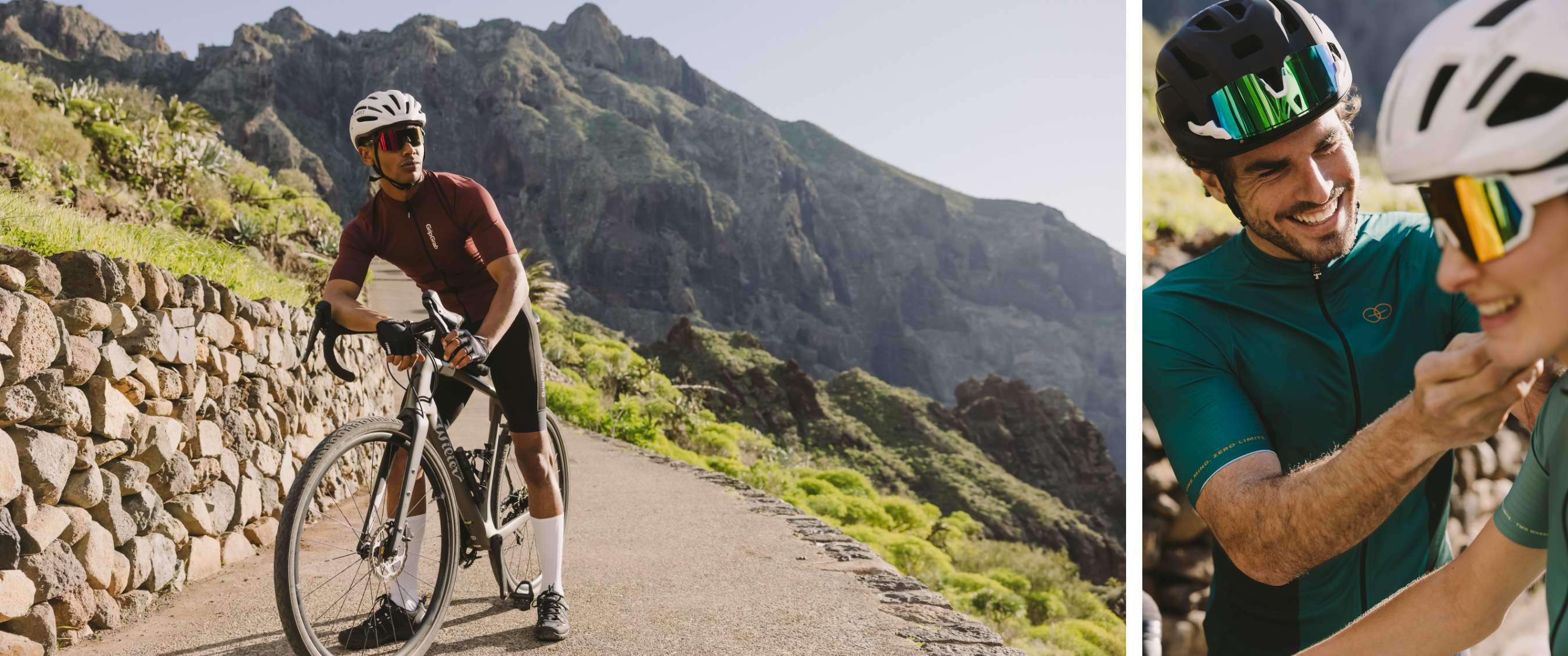 Twee beelden: man met racefiets en witte helm op een bergweg; man helpt een vrouw met haar fietshelm
