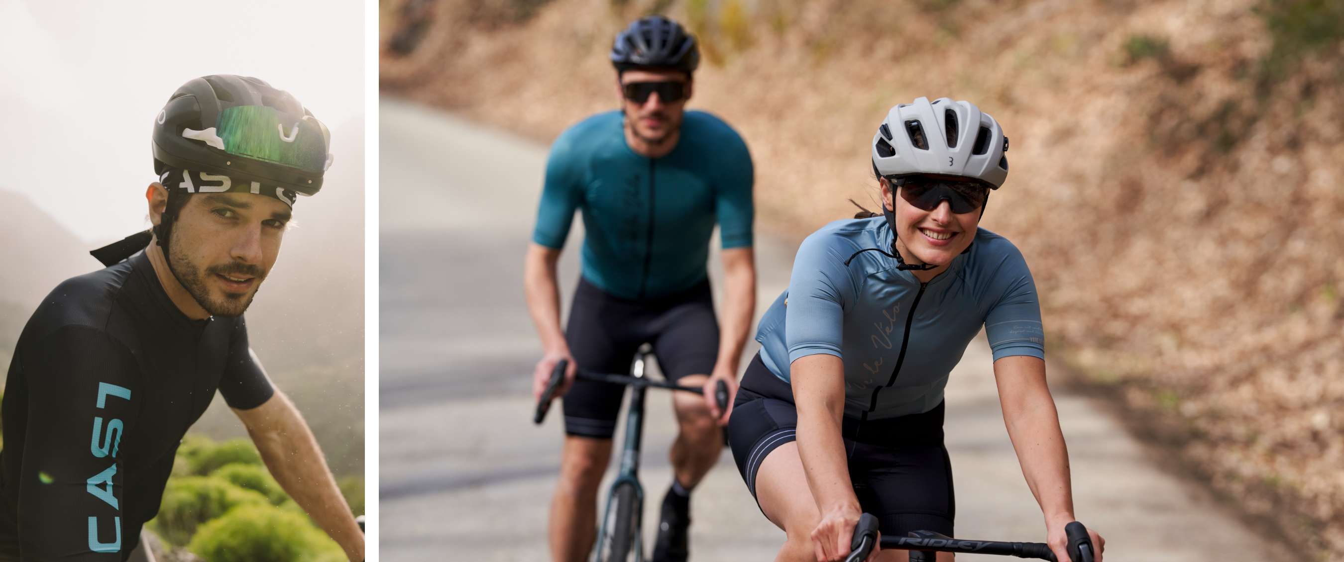 Twee beelden: portret van fietser met zwarte helm; duo op racefietsen met helmen op een zonnige weg