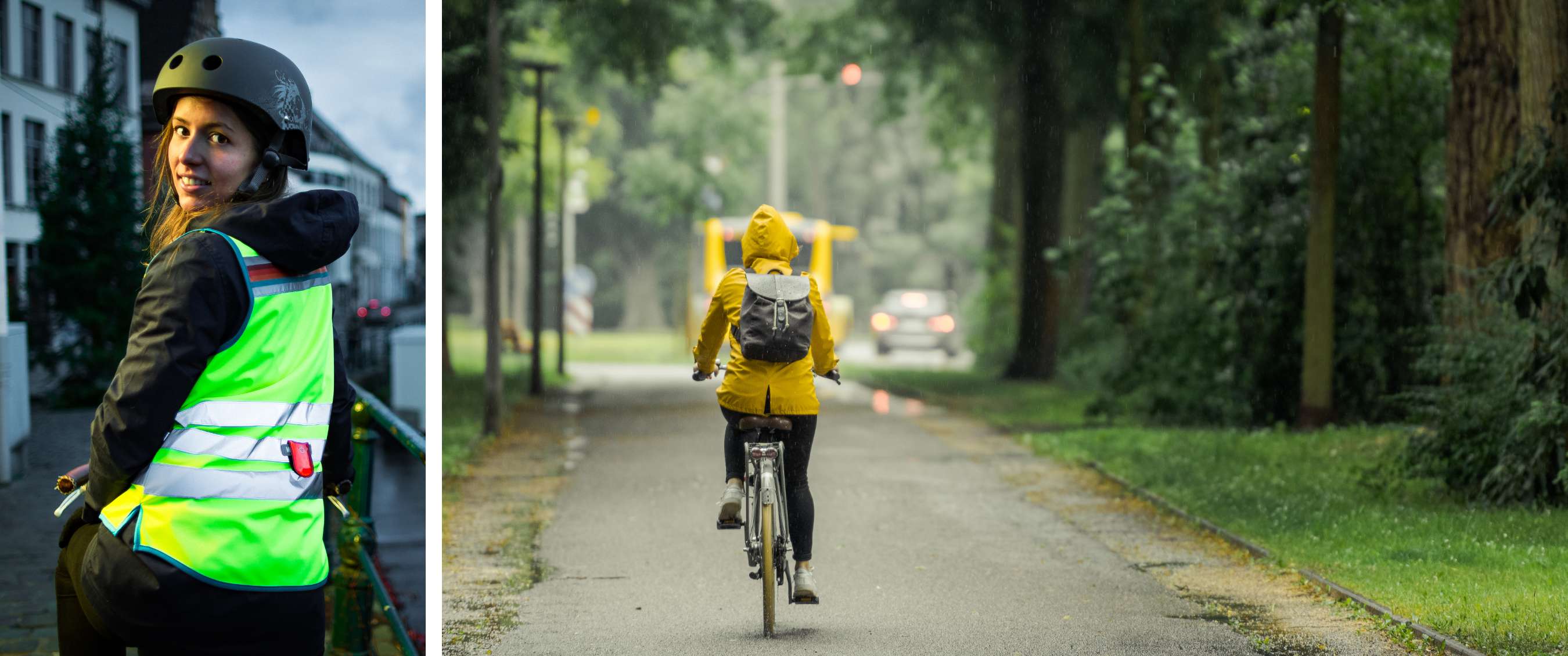Persoon met capuchon fietst in een gele regenjas over een nat wegdek tussen bomen.