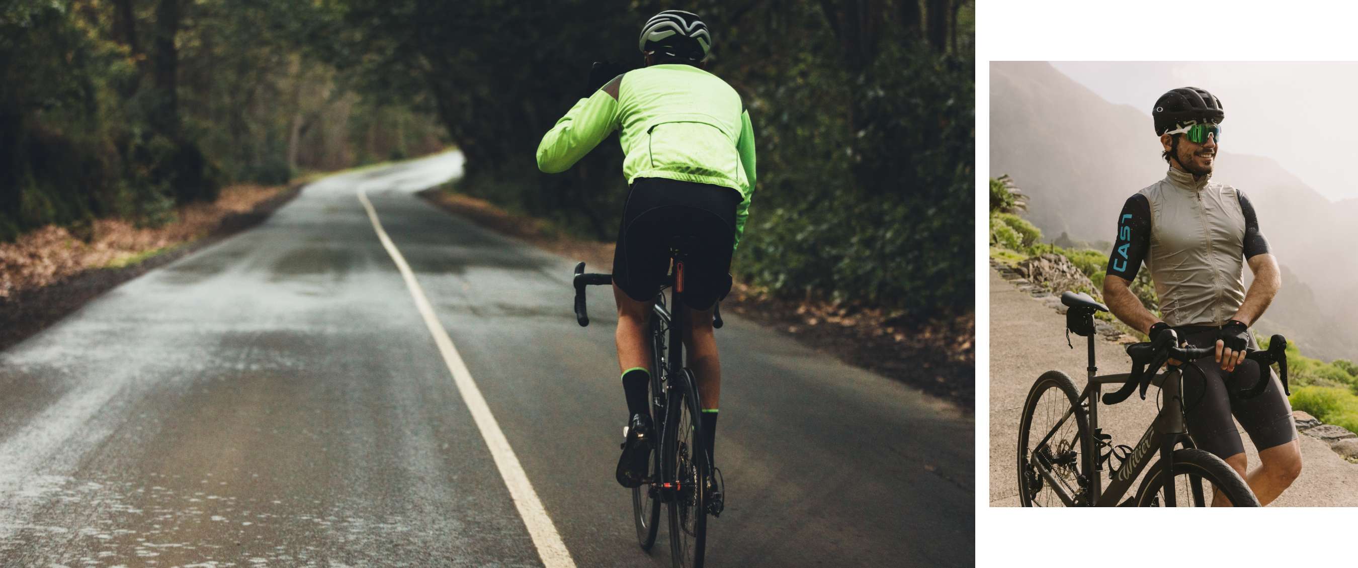 Fietser in fluorescerende groene jas rijdt over een donkere, natte weg in bosrijke omgeving.