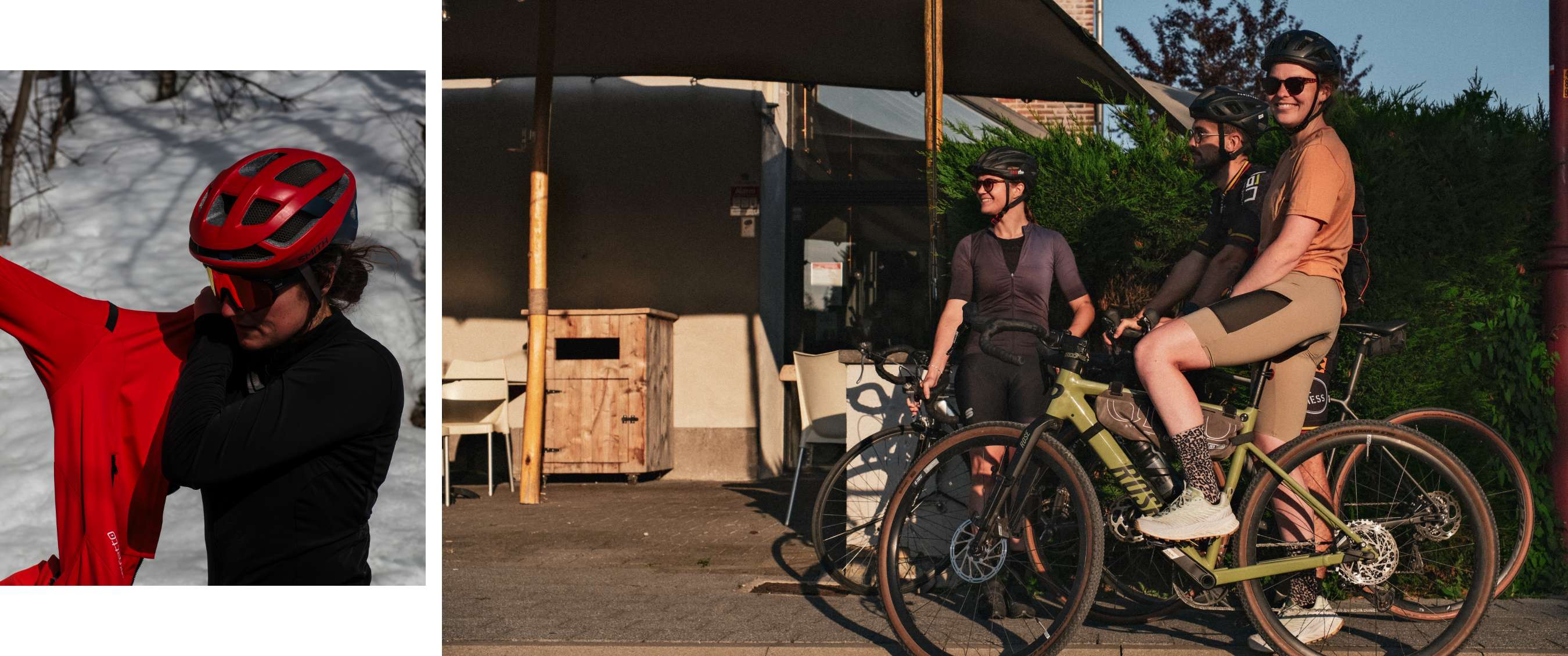 Twee beelden: mist trekt door een rotsachtig berglandschap; koe staat in een weide met bomen.