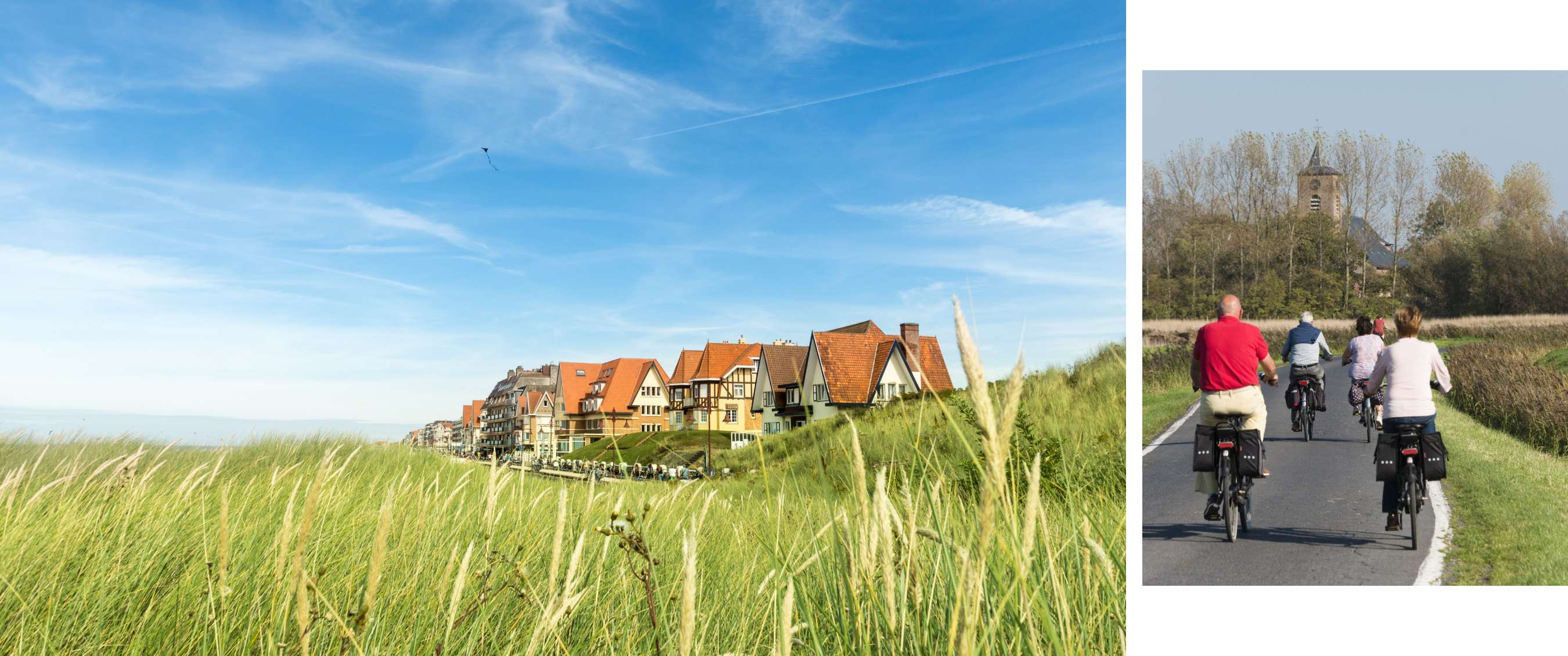 Twee beelden: huizen achter duingras en fietsers op weg richting kerktoren.