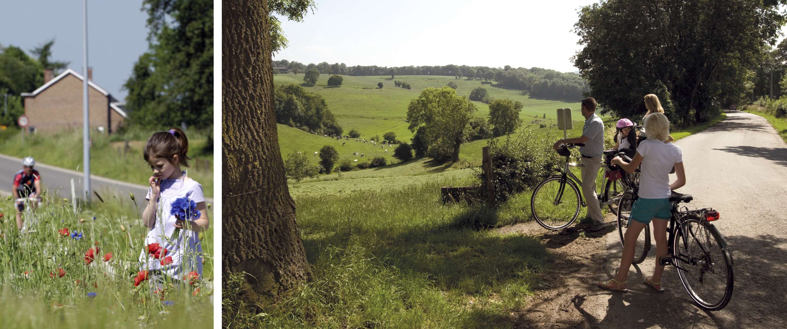 Twee beelden: kind tussen veldbloemen en fietsers die uitkijken over groen landschap.