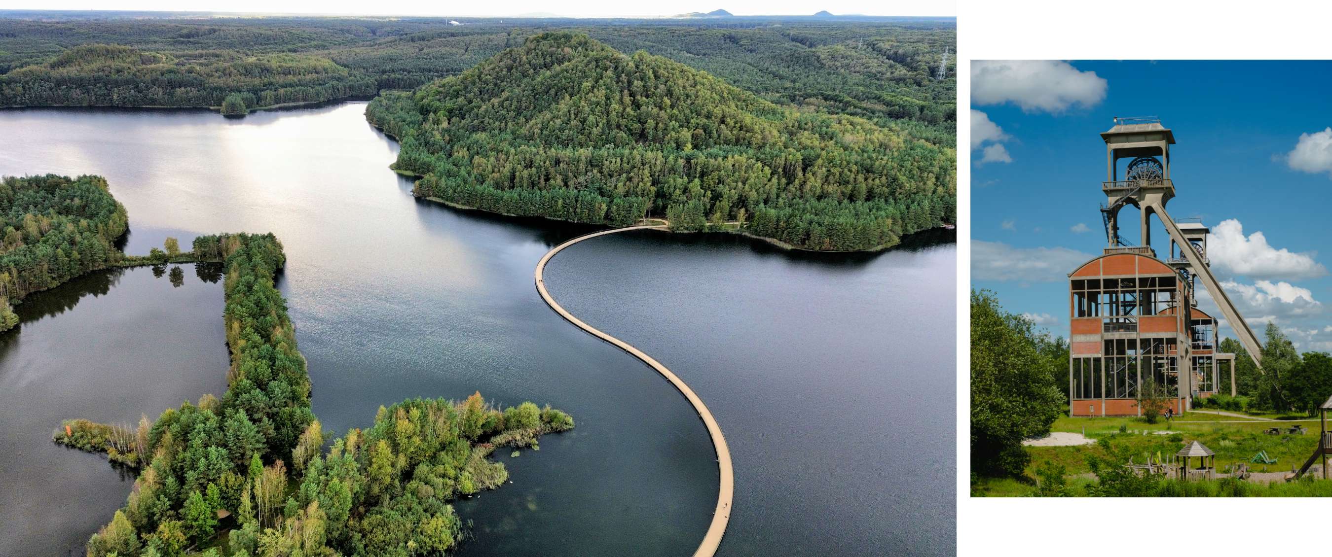 Twee beelden: luchtbeeld van meer met boogbrug en industrieel gebouw in groen landschap.