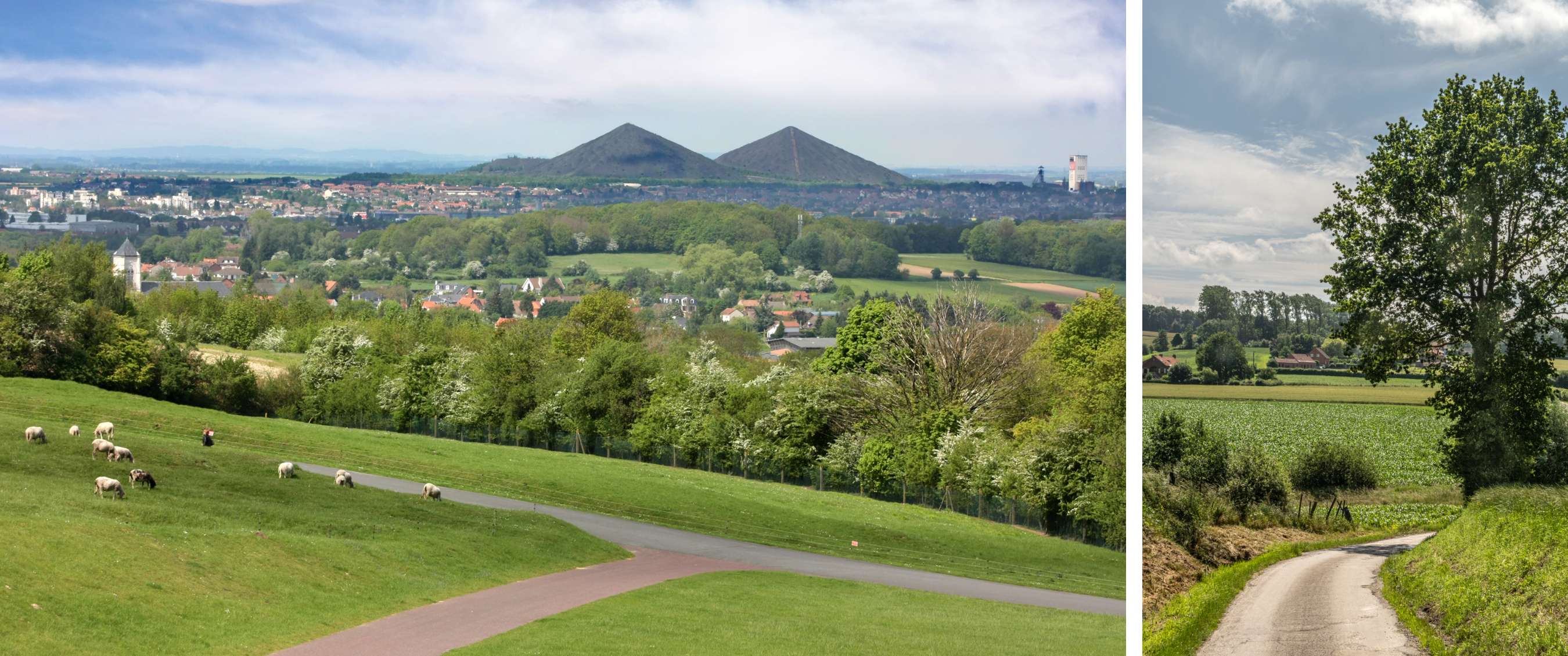Twee beelden: panoramisch zicht op velden en landelijke weg onder bewolkte lucht.