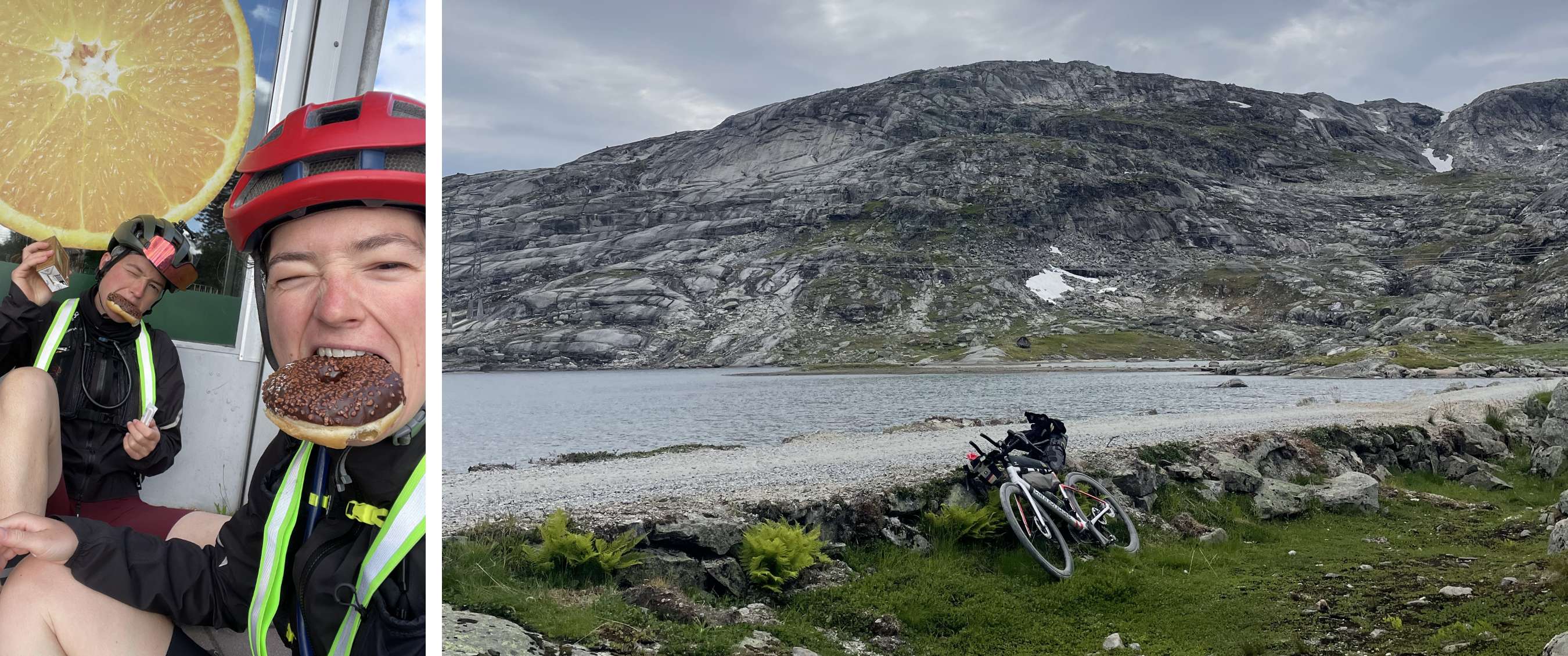 Twee bepakte fietsen staan tegen een stenen muurtje bij een bergmeer onder een bewolkte lucht.