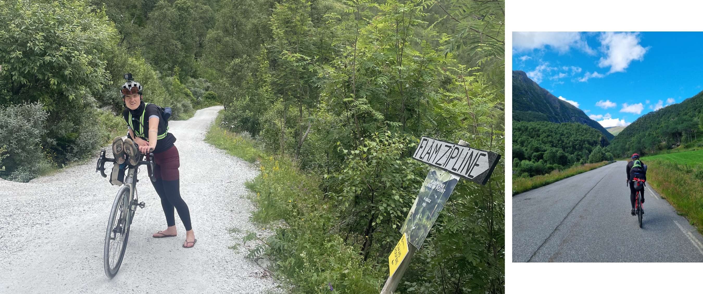Een fietser staat met een fiets op een gravelweg naast een bord met de tekst Flåm Zipline.