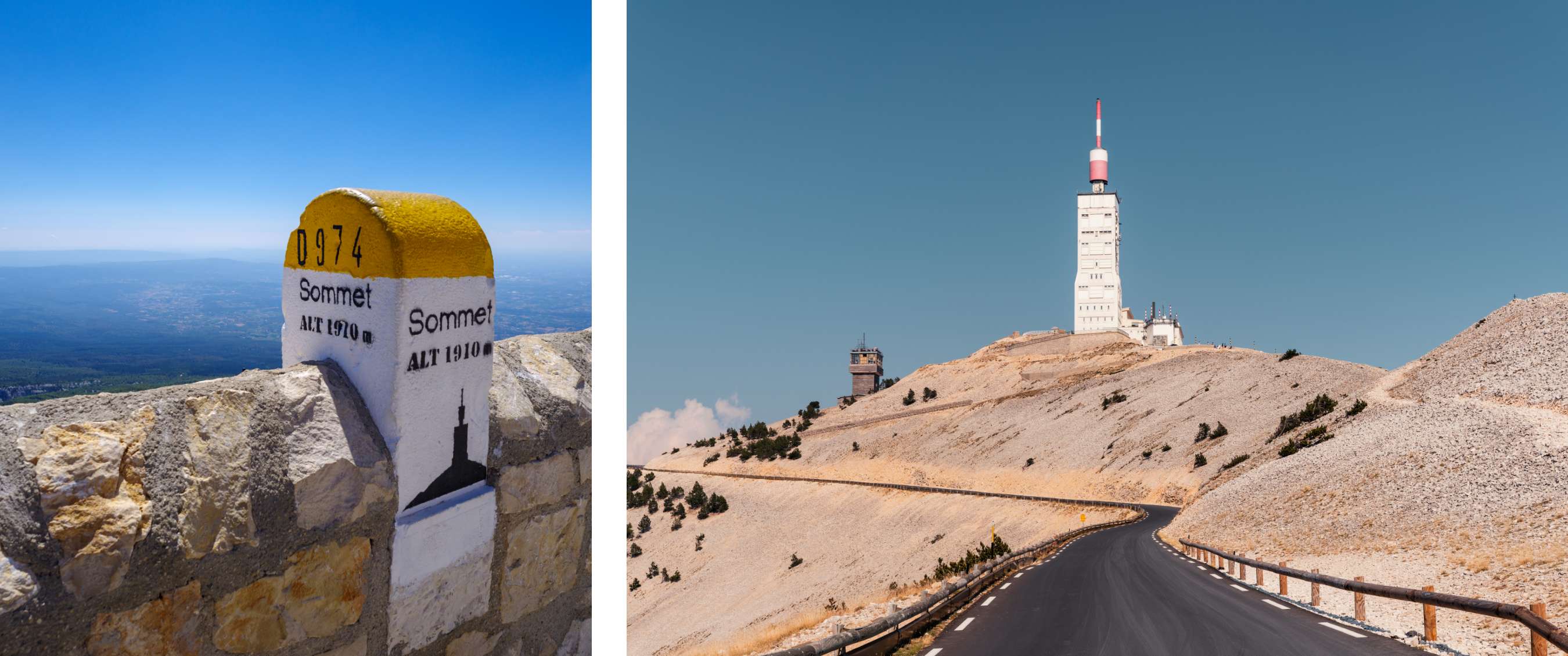 Twee beelden: mijlpaal “Sommet ALT 1910 m”; weg naar zendmast op kale bergtop.
