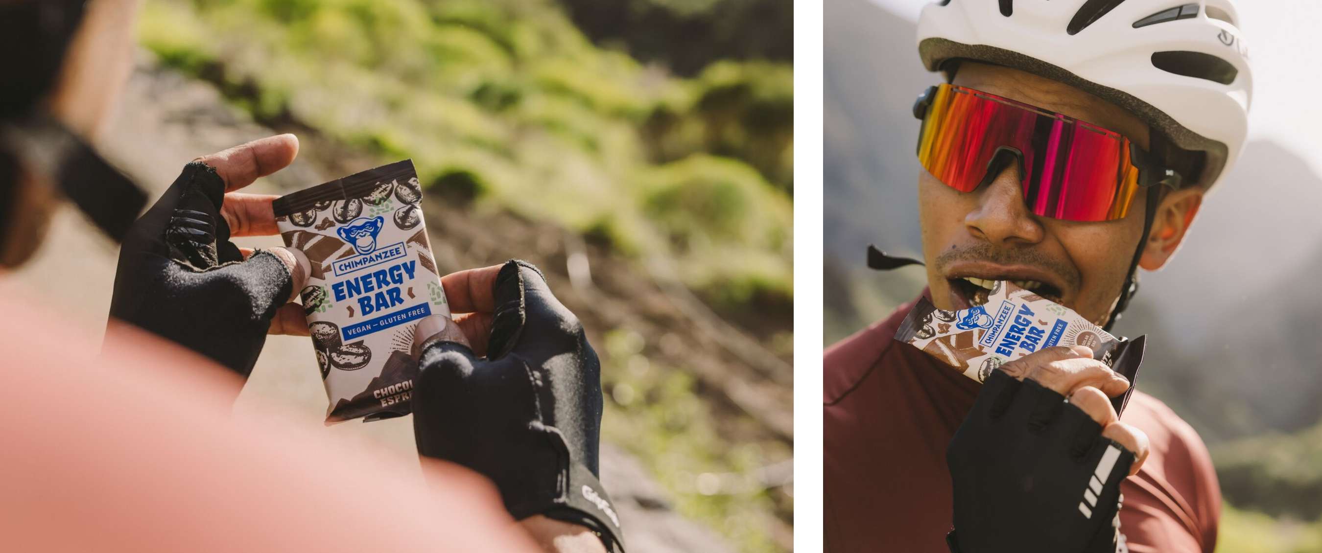 wee beelden: close-up van “Chimpanzee Energy Bar”; fietser eet de energiereep.