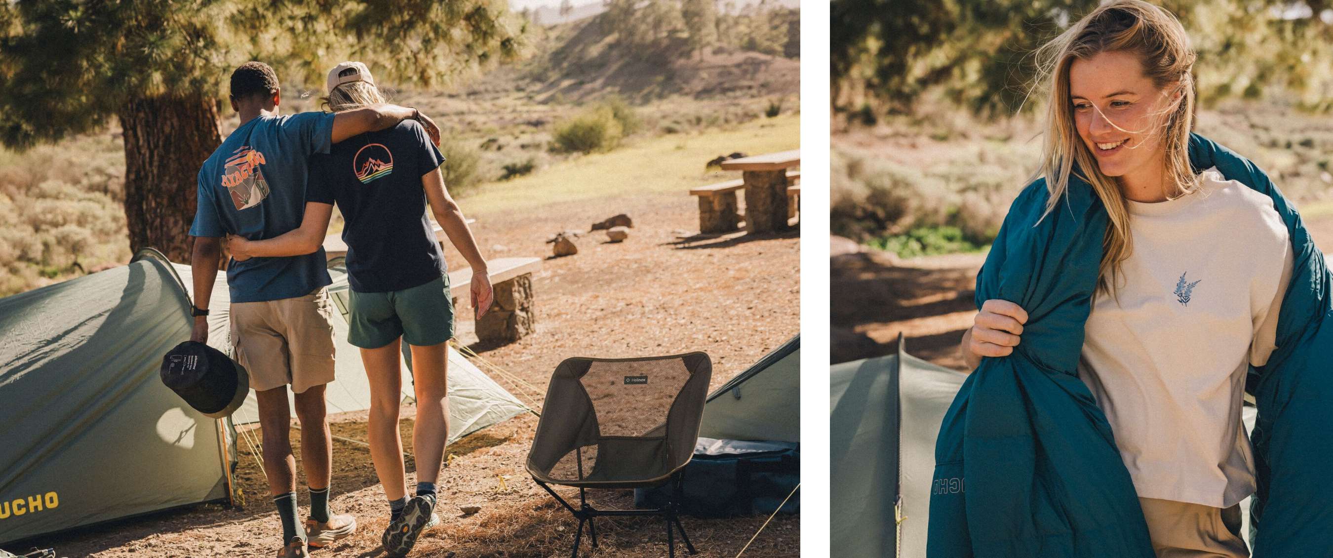Twee beelden: twee personen lopen over een kampeerplek; glimlachende vrouw bij een tent met slaapzak los over haar armen.