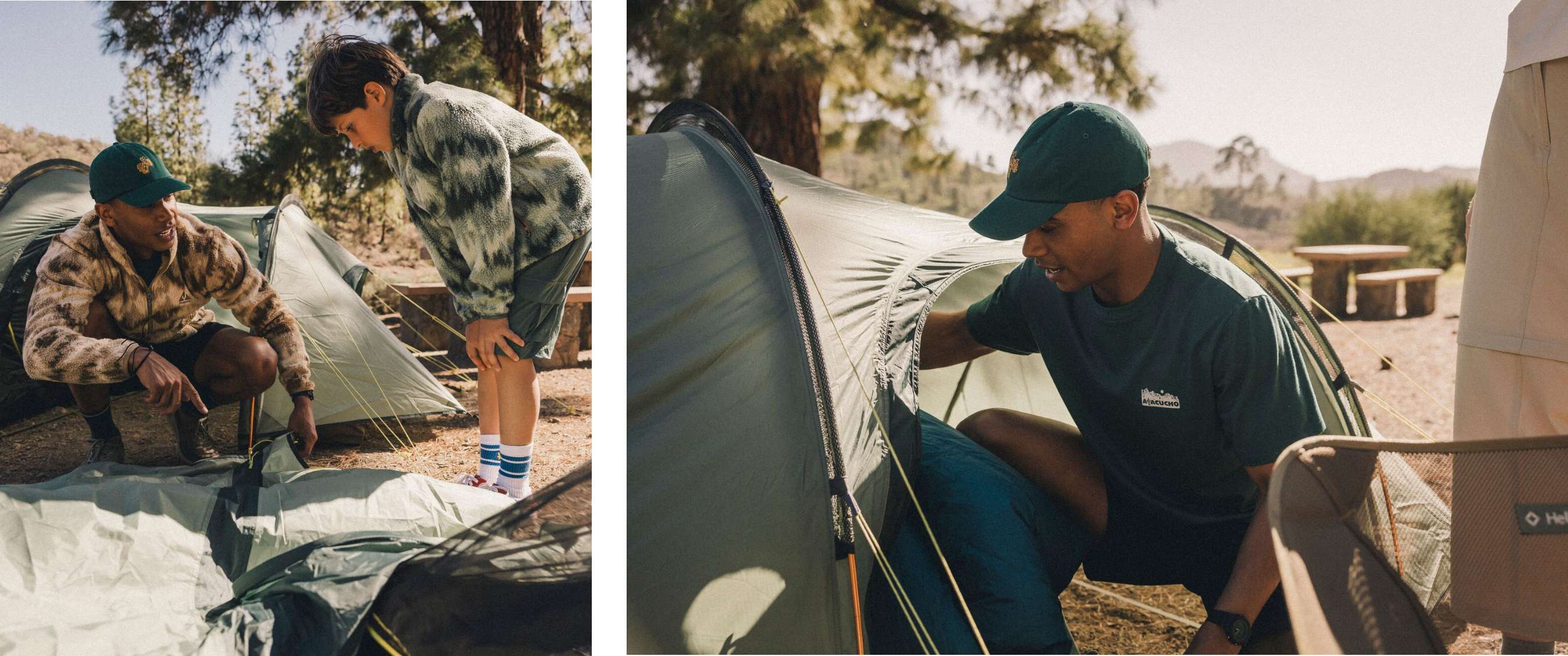 Twee beelden: man en kind werken aan een tent; kampeerder maakt een tent klaar met een slaapzak binnenin.