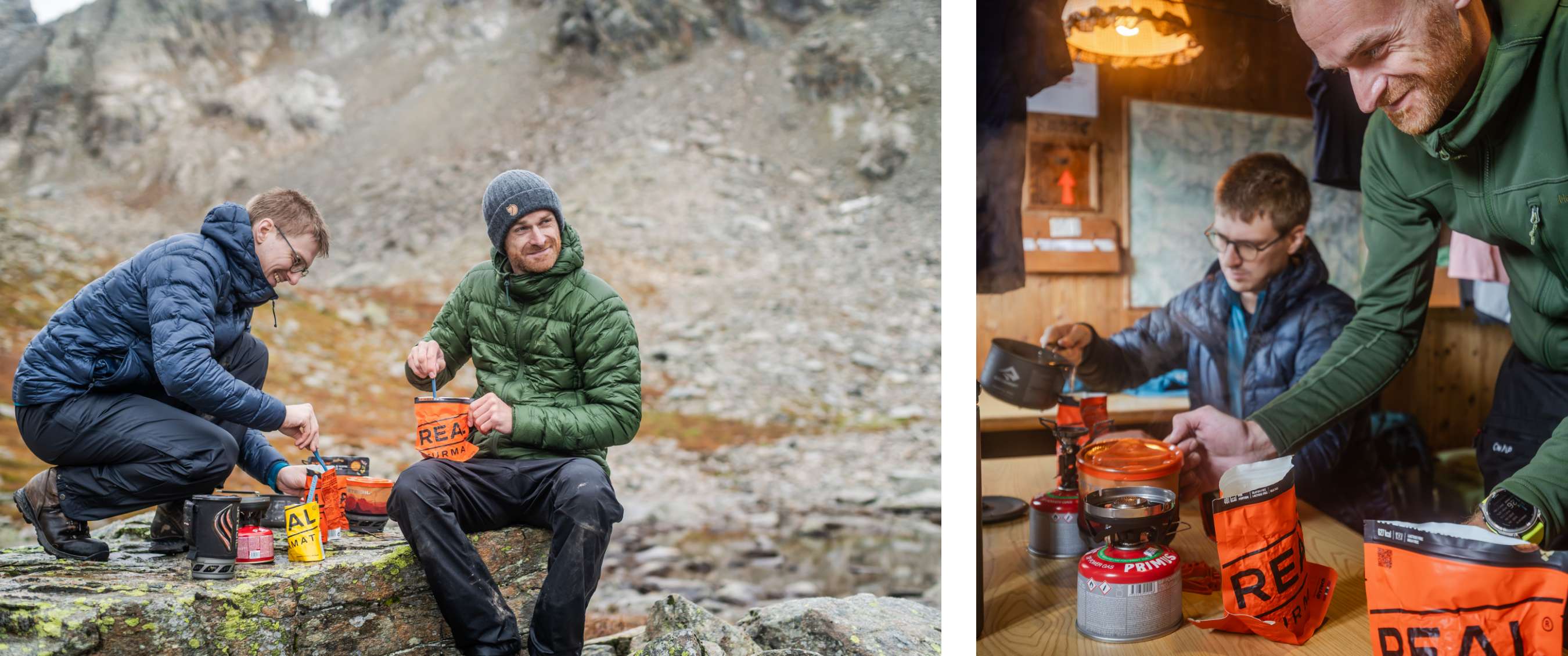 Twee beelden: twee personen bereiden een warme maaltijd met outdoor kookmateriaal op rotsachtig terrein; binnen bereiden twee personen een maaltijd met gasbranders en verpakkingen met zichtbare tekst “REAL Turmat”.