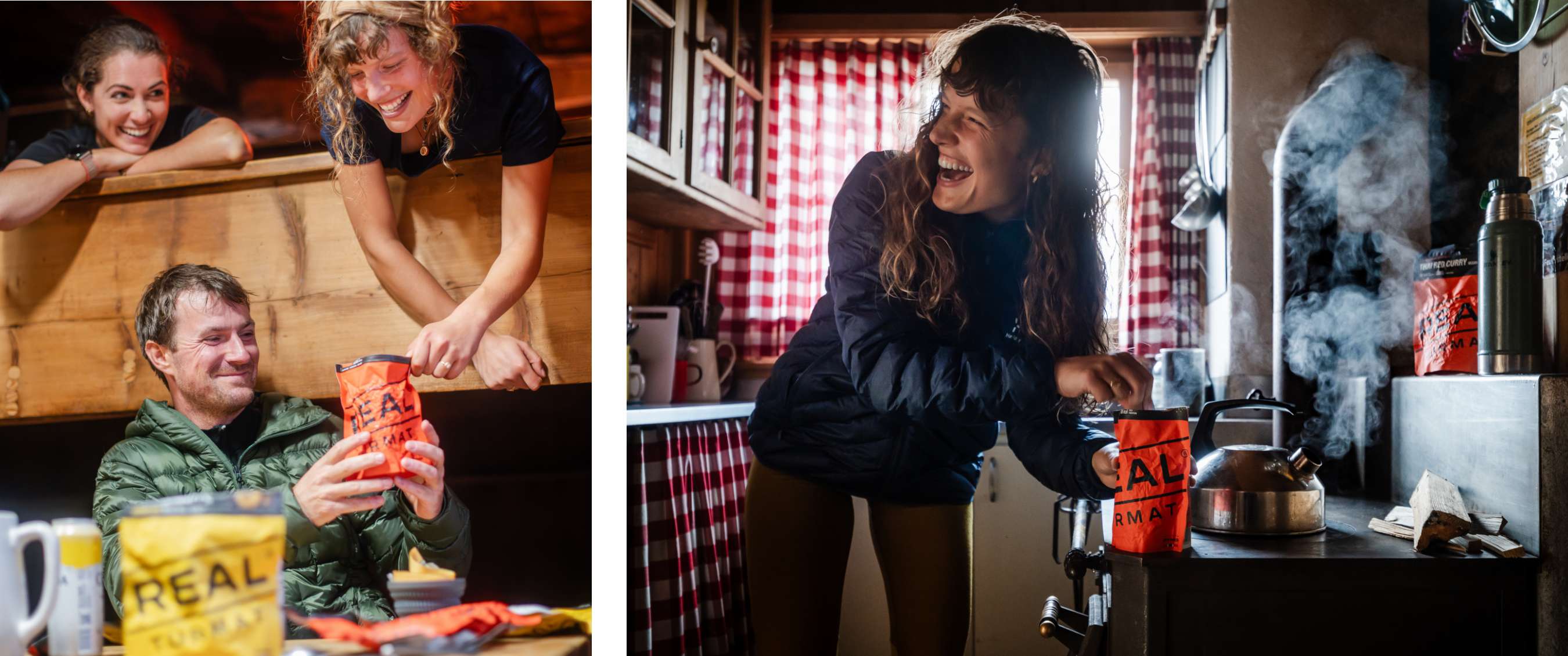 Twee beelden: personen delen een moment rond een tafel met zichtbare voedselverpakking “REAL Turmat”; daarnaast staat een verpakking “REAL Turmat” naast een ketel op een verwarmde kookplaat.