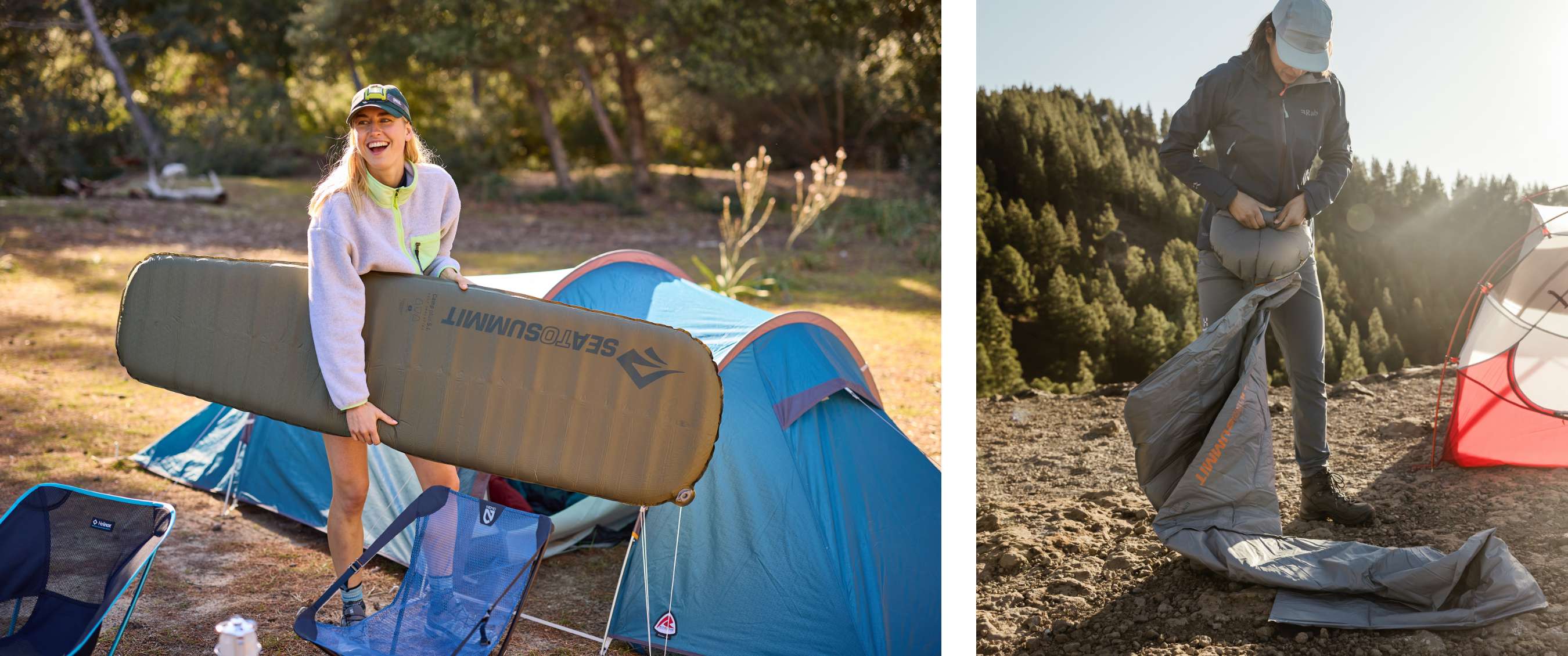 Twee beelden: vrouw draagt Sea to Summit slaapmat bij een blauwe tent; persoon rolt slaapmat op naast tent