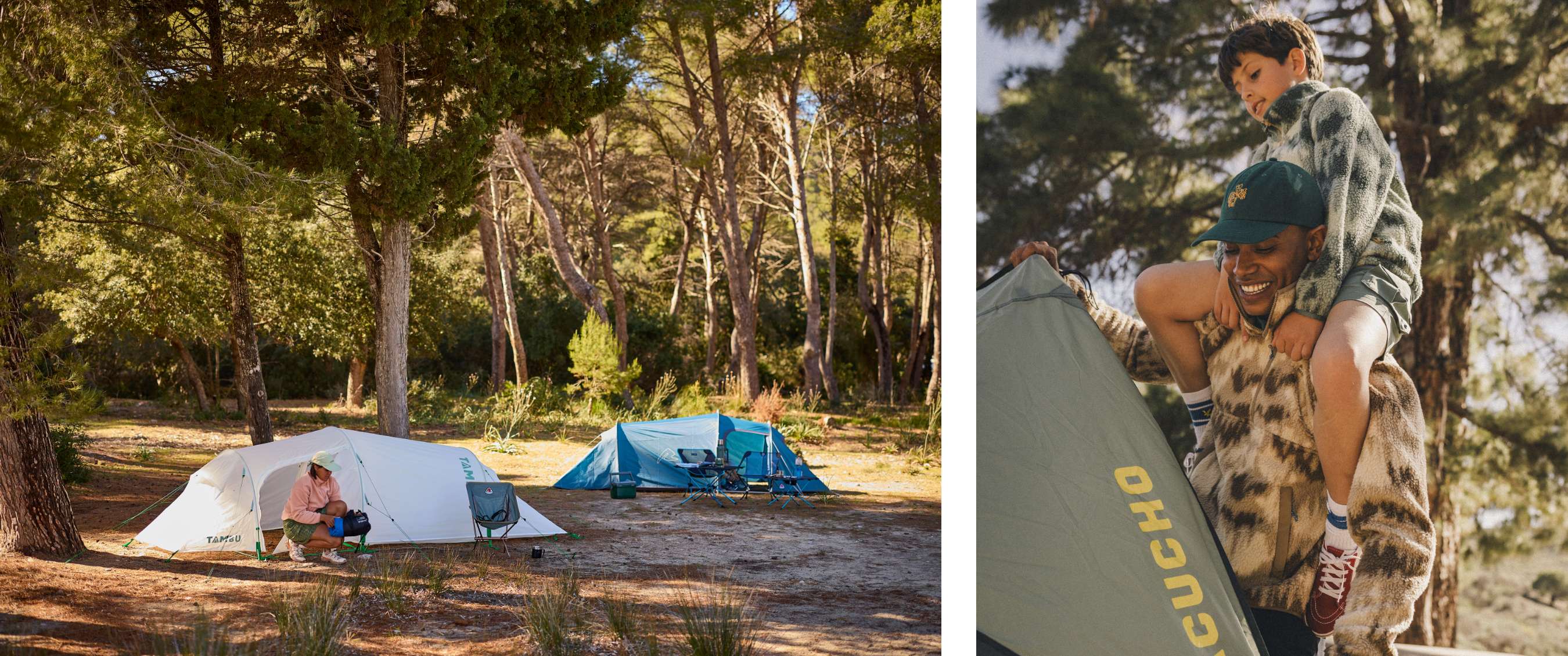 Twee beelden: kampeerplek met twee tenten in een bos; volwassene draagt een kind bij een groene tent