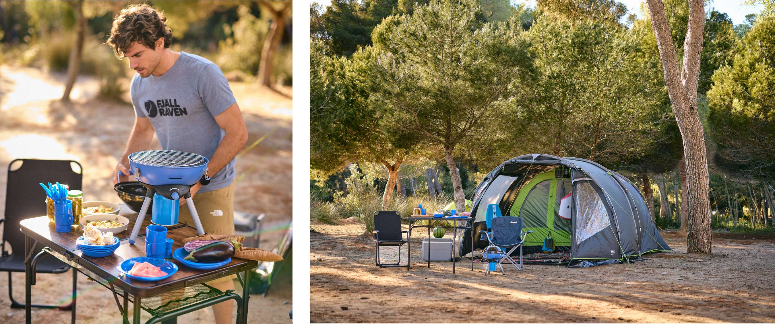 Twee beelden: campingtafel met servies en draagbare barbecue; ruime tent tussen bomen met kampeerspullen ervoor