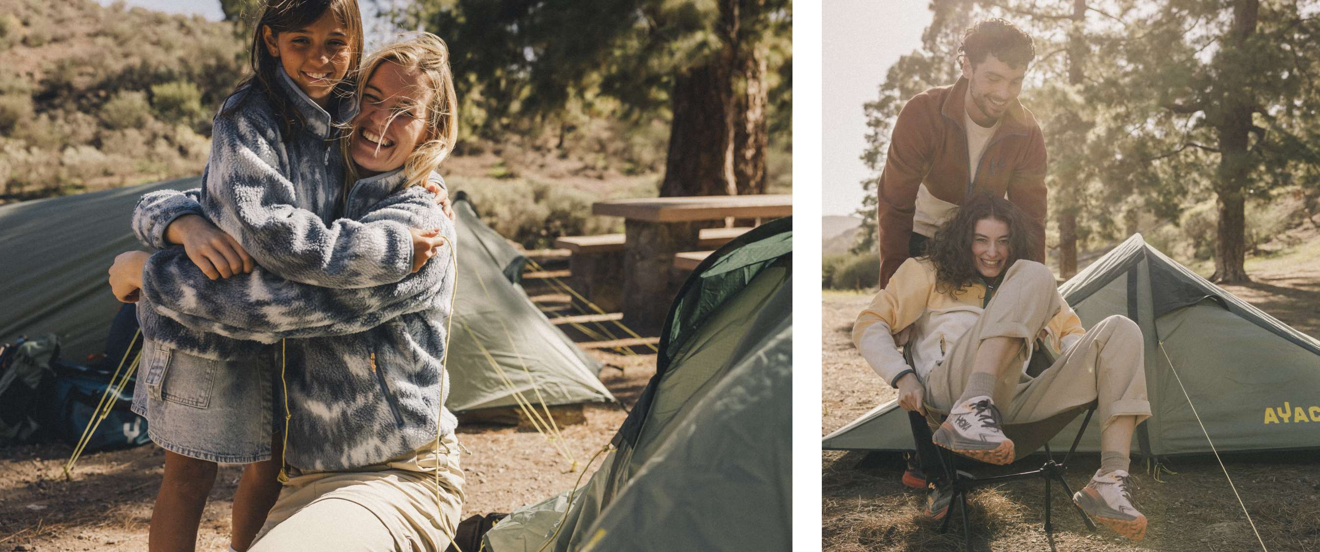 Twee beelden: vrouw omhelst een kind op een camping; twee personen zitten lachend in een campingstoel bij een tent