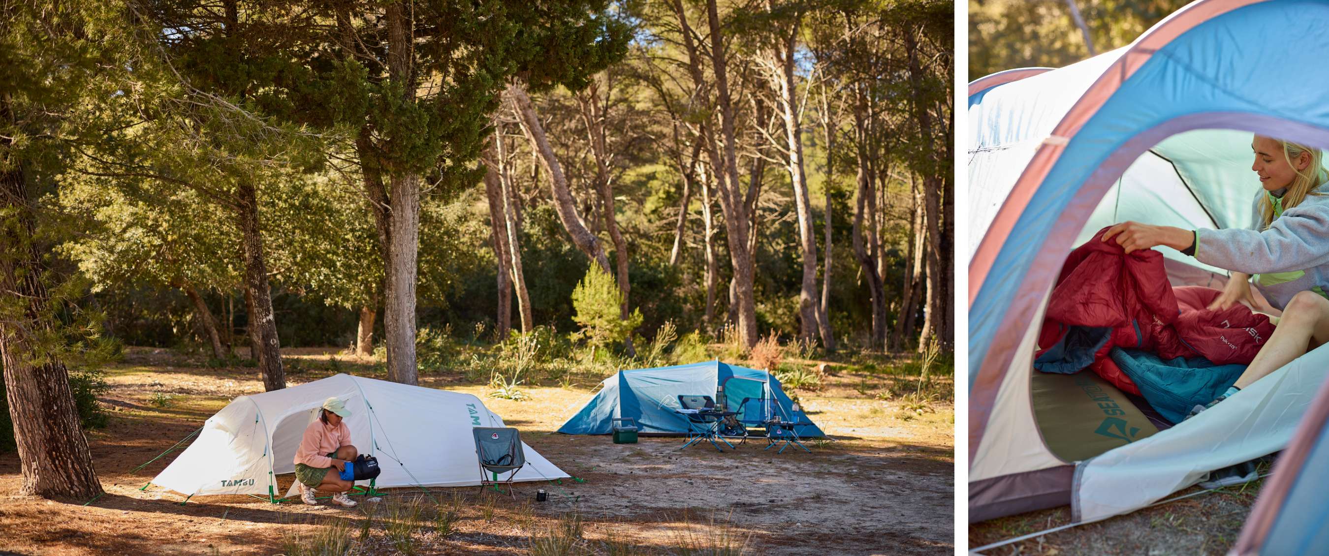 Twee beelden: tenten staan op een camping in het bos; persoon schikt slaapzak in een tent