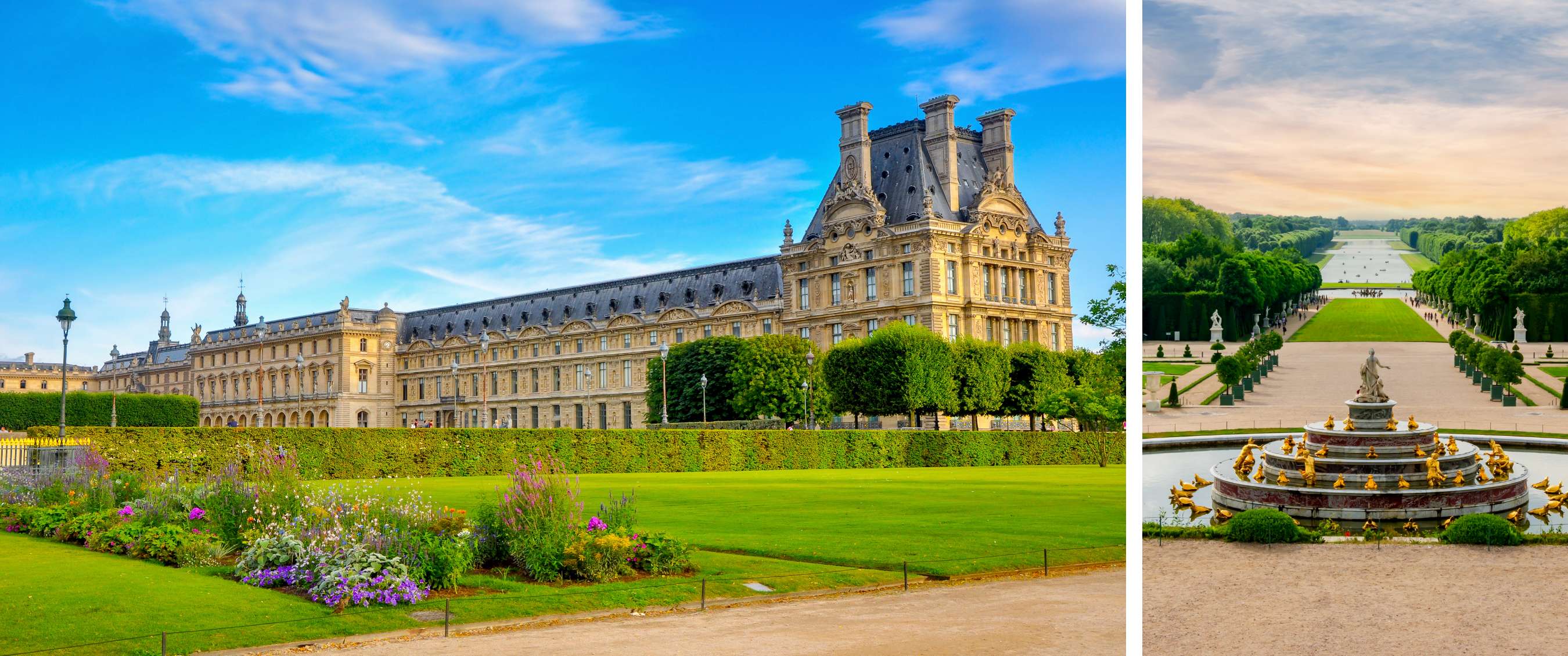 Twee beelden: gevel van het Louvre met gras en bloemen; symmetrische tuin met fontein en bomenrijen