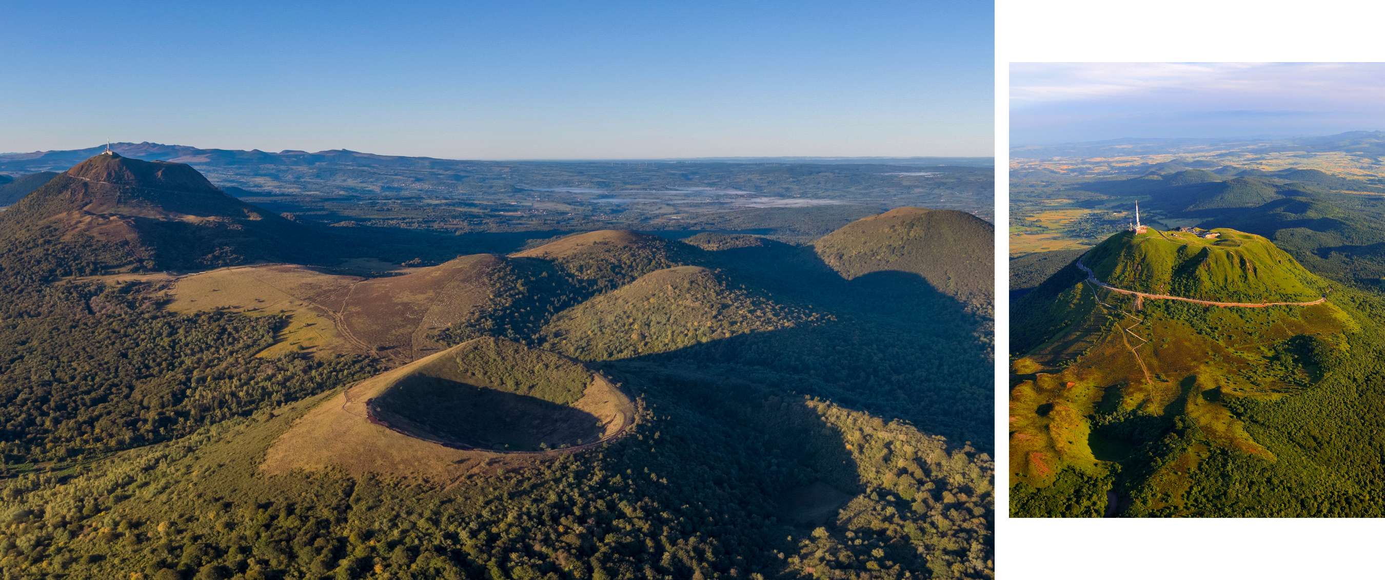 Twee beelden: landschap met ronde heuvels en kraters; luchtzicht op een heuvel met weg en mast
