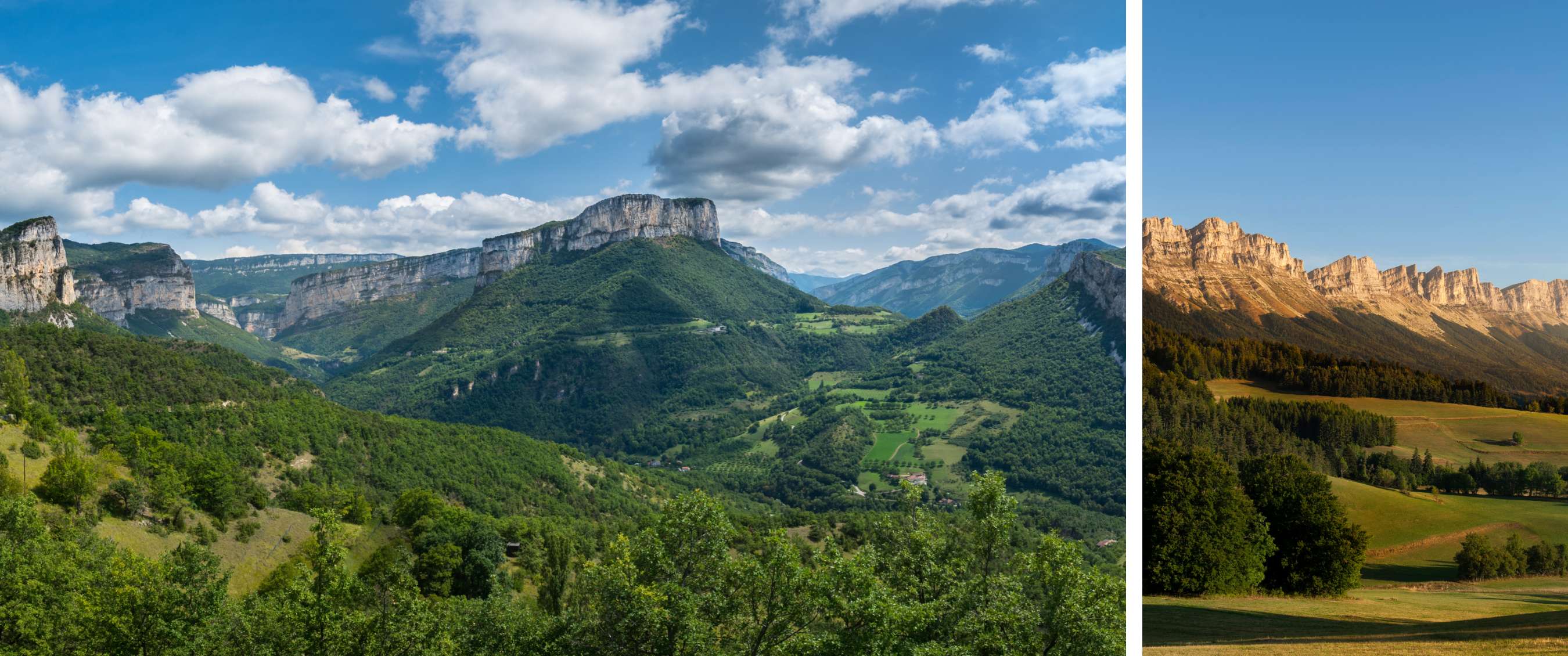 Twee beelden: bergachtig landschap met bossen en kliffen; zonlicht op een rotsrichel boven velden