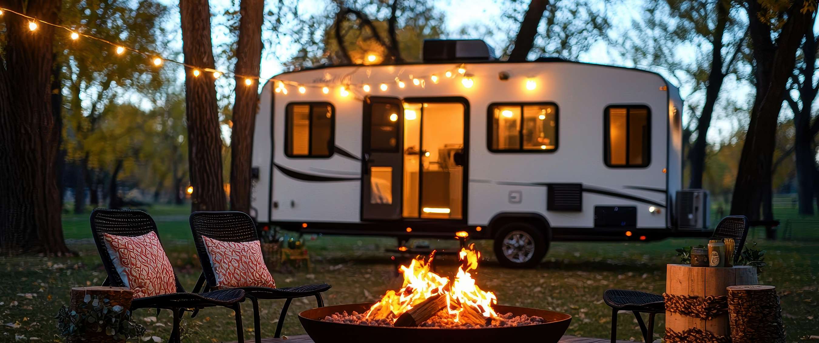 Caravan tussen bomen met kampvuur, stoelen en sfeerverlichting in de avond