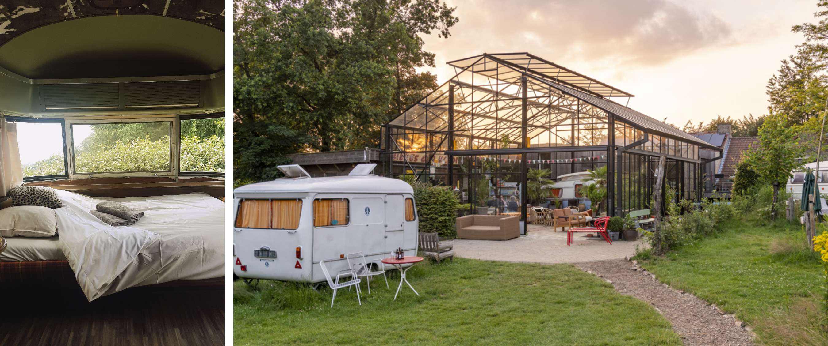 Twee beelden: bed in caravan met uitzicht op groen; witte caravan bij glazen serre